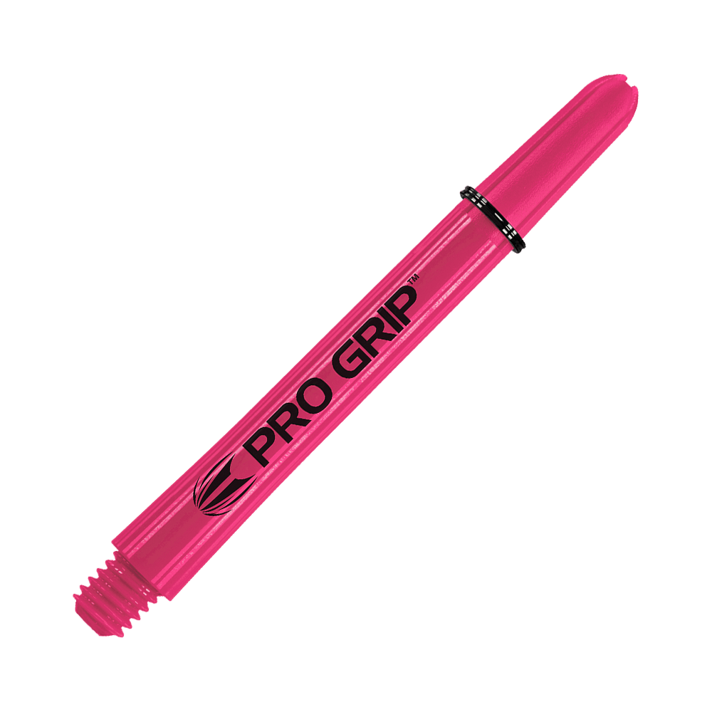 Das Bild zeigt einen pinken Pro Grip Dartshaft. Auf dem Schaft steht in schwarzer Schrift „PRO GRIP“.