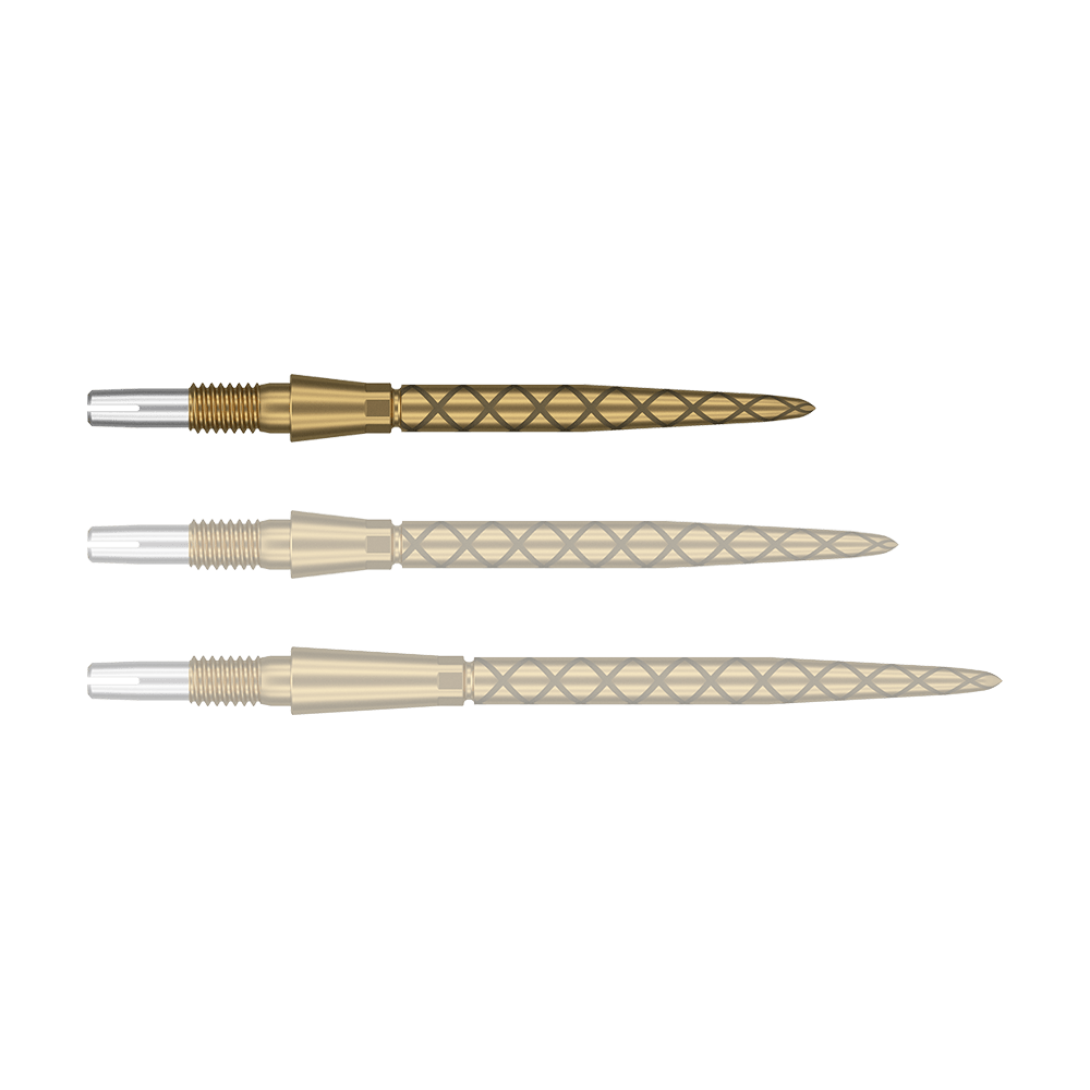 Target Swiss Storm Diamond Point Dartpunten - Goud Das Bild zeigt drei goldene Dartspitzen mit einem rautenförmigen Muster. Die Spitzen sind nebeneinander angeordnet und haben silberne Enden zum Befestigen.