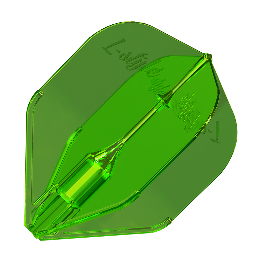 L-Style Fantom L3EZ Vluchten Groen Das Bild zeigt ein grünes L-Style Fantom L3EZ Dart-Flight. Es hat eine glänzende, transparente Oberfläche und eine stabile Form.