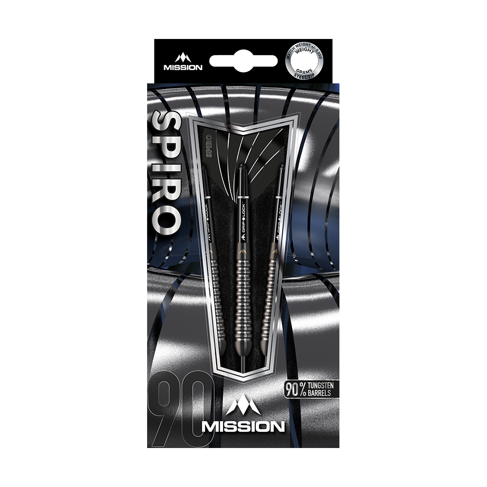 Mission Spiro Model 2 stalen darts - 22g Das Bild zeigt eine Verpackung der Mission Spiro Model 2 Steeldarts mit einem Gewicht von 22 Gramm. Die Pfeile bestehen zu 90 % aus Tungsten und sind elegant in einer silber-schwarzen Box präsentiert.