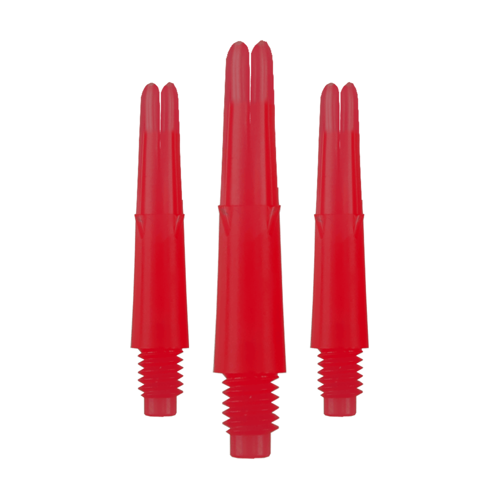L-L-Style-Shafts Locked Straight - Rood Das Bild zeigt drei rote, gerade Dartschäfte mit Gewinde unten. Sie sind ohne Kappen und haben eine Länge von 26 mm.
