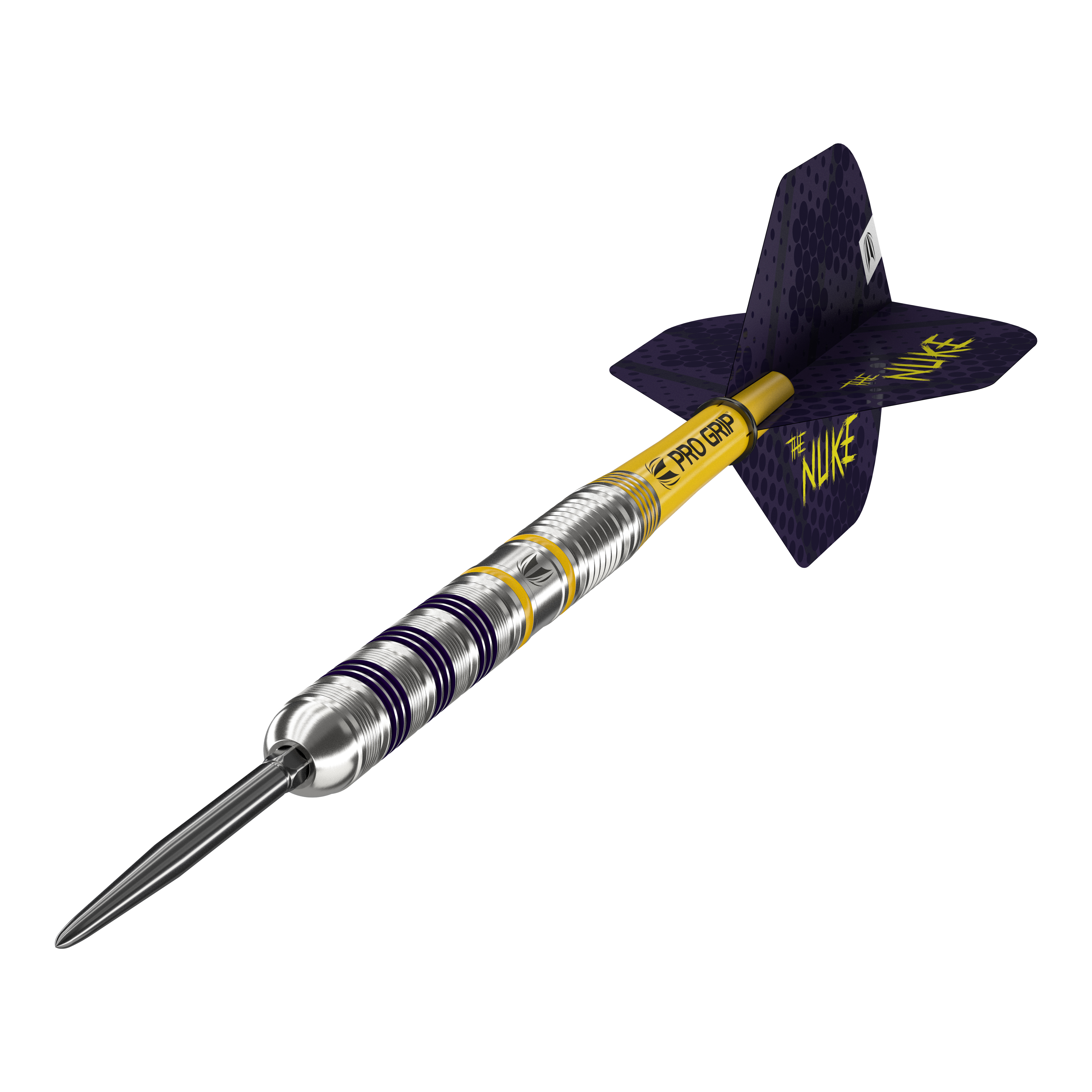 Target Luke Littler Loadout Swiss Point Steel Darts Der Bild zeigt einen Target Luke Littler Loadout Swiss Point Steeldart. Der Dartpfeil hat ein silbernes Barrel mit gelben und lila Akzenten sowie einem gelben Schaft und lila Flight, auf dem "The Nuke" steht.