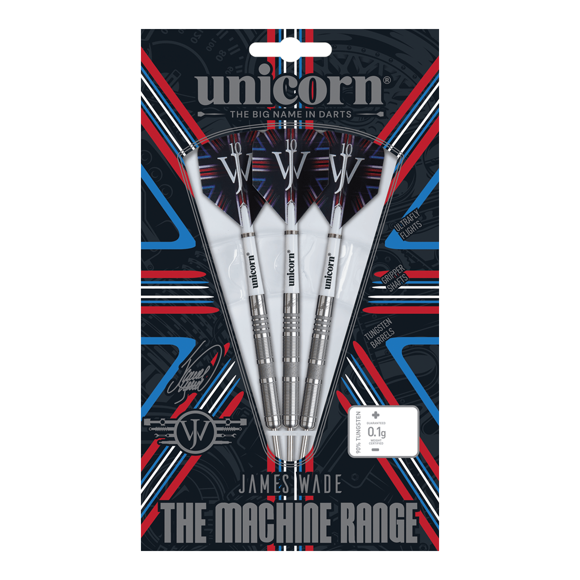 Unicorn James Wade The Machine Range Fase 4 Steeldarts Das Bild zeigt eine Packung Steeldarts der Marke "Unicorn" aus der James Wade The Machine Range Phase 4. Die drei silbernen Darts sind in einer auffällig gestalteten Verpackung mit roten, blauen und weißen Akzenten präsentiert.