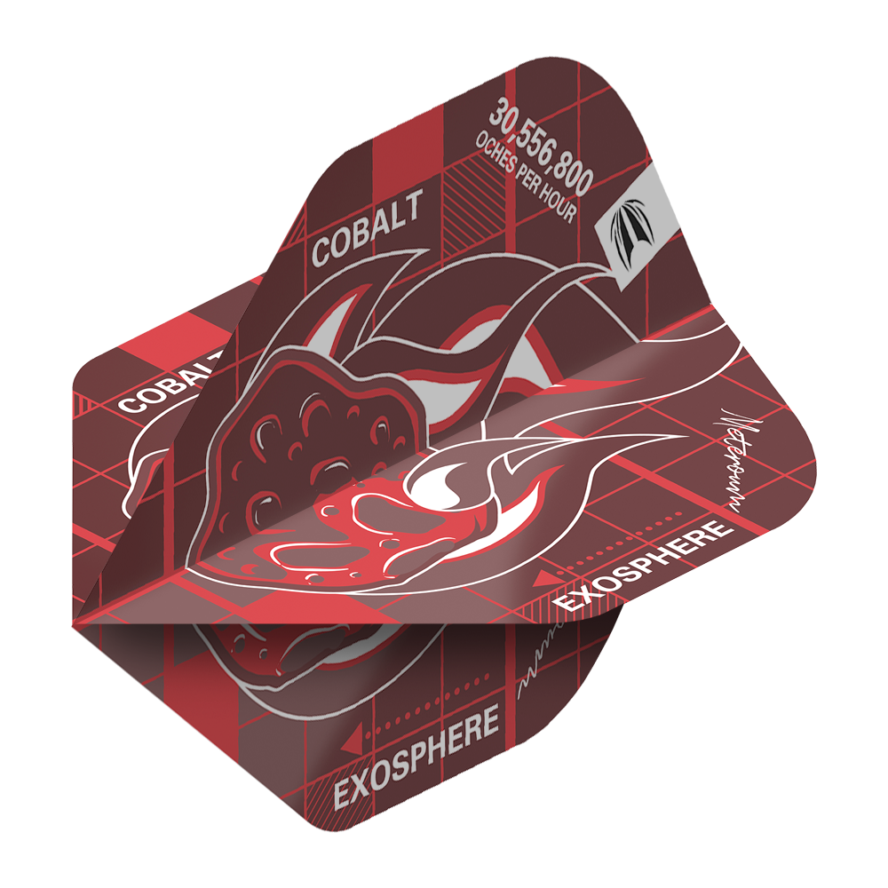 TG24_336090_Target_Blueprint_Pro_Red_No2_Standard__Flights_2 Das Bild zeigt die Target Blueprint Pro Red No2 Standard Flights mit einem roten und schwarzen Grafikdesign. Auf den Flights sind die Wörter "COBALT" und "EXOSPHERE" sowie eine dynamische Illustration abgebildet.