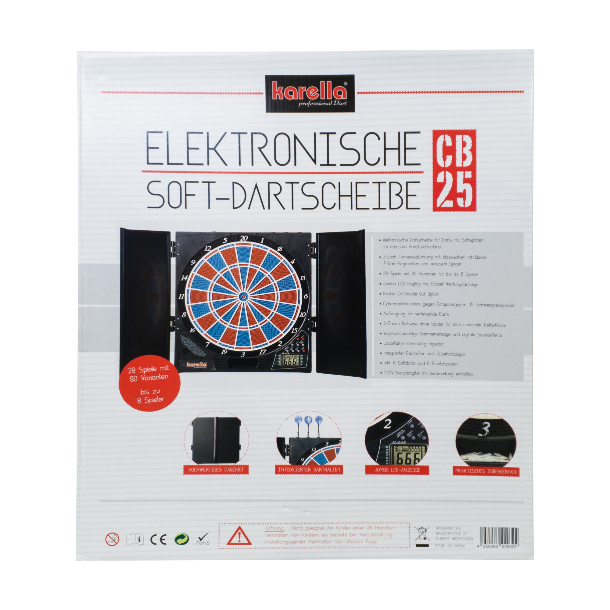 Die Abbildung zeigt die Verpackung der elektronischen Soft-Dartscheibe CB 25 von Karella. Auf der Vorderseite sind Produktmerkmale und Bilder der Dartscheibe mit Zubehör abgebildet.