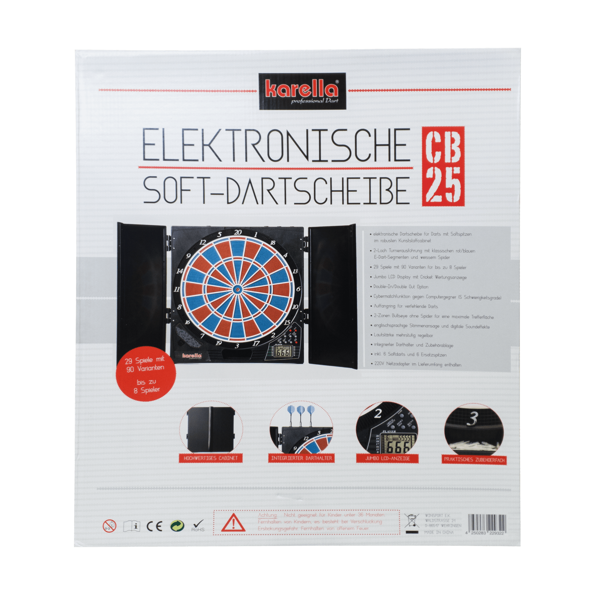 Elektronisch dartbord CB 25 toernooiversie Die Abbildung zeigt die Verpackung der elektronischen Soft-Dartscheibe CB 25 von Karella. Auf der Vorderseite sind Produktmerkmale und Bilder der Dartscheibe mit Zubehör abgebildet.