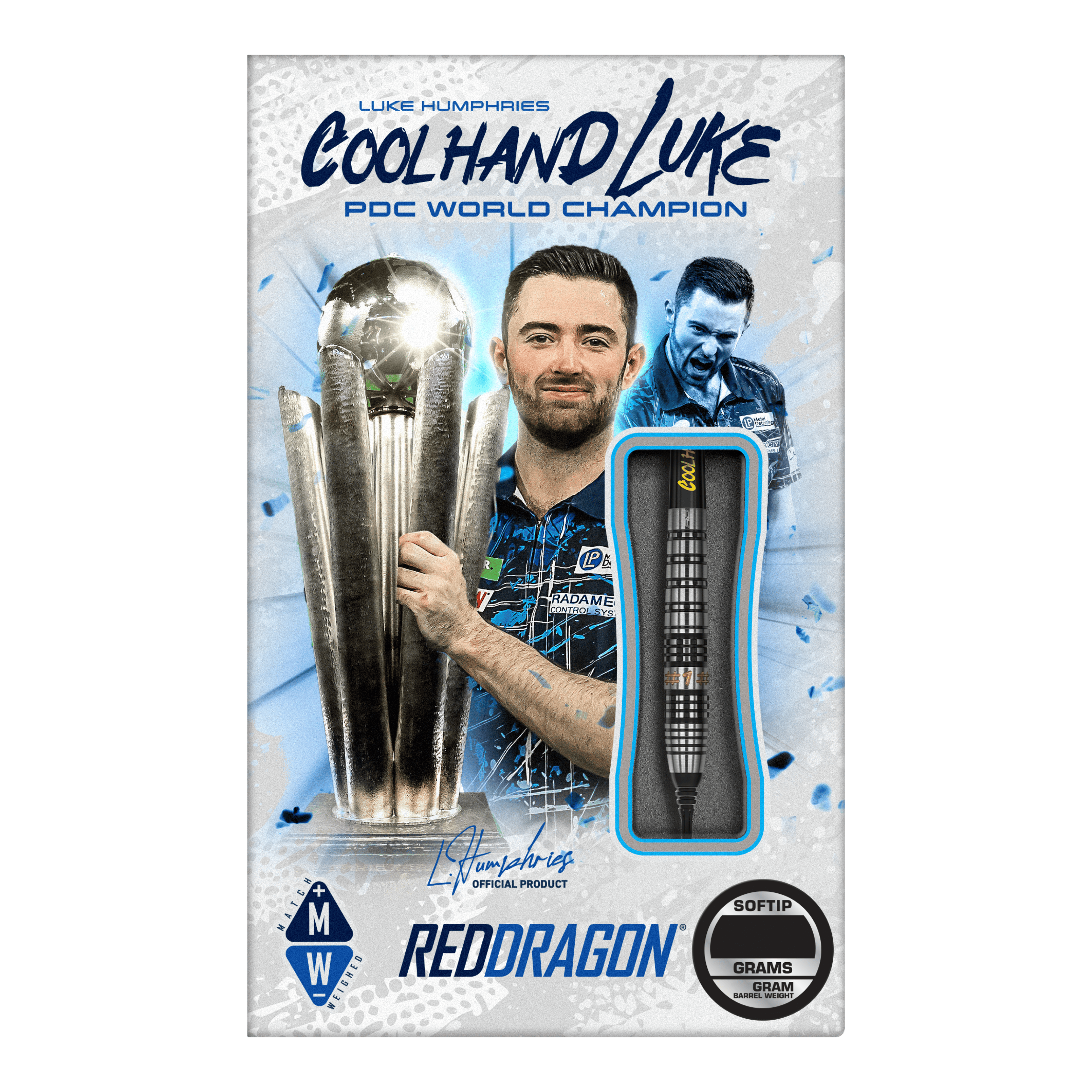 Red Dragon Luke Humphries Prestige Soft Darts - 20g Das Bild zeigt die Verpackung der "Red Dragon Luke Humphries Prestige Softdarts - 20g". Auf der Verpackung ist ein Foto von Luke Humphries mit einem Pokal zu sehen, sowie ein einzelner Dartpfeil als Produktabbildung.