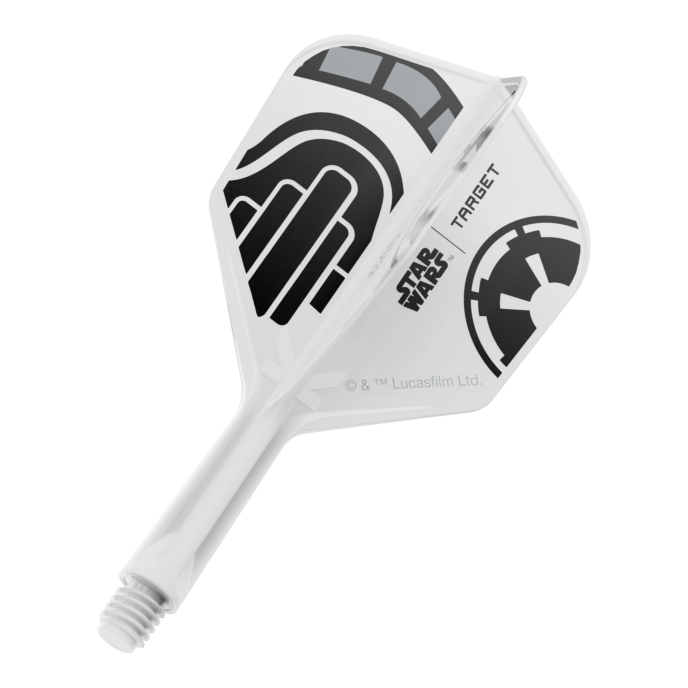 Target Star Wars K-Flex Stormtrooper No6-vluchten Ein Dart-Flight aus der Star Wars KFlex Stormtrooper No6 Serie wird gezeigt. Dieser Flight ist kurz und misst 19 mm.