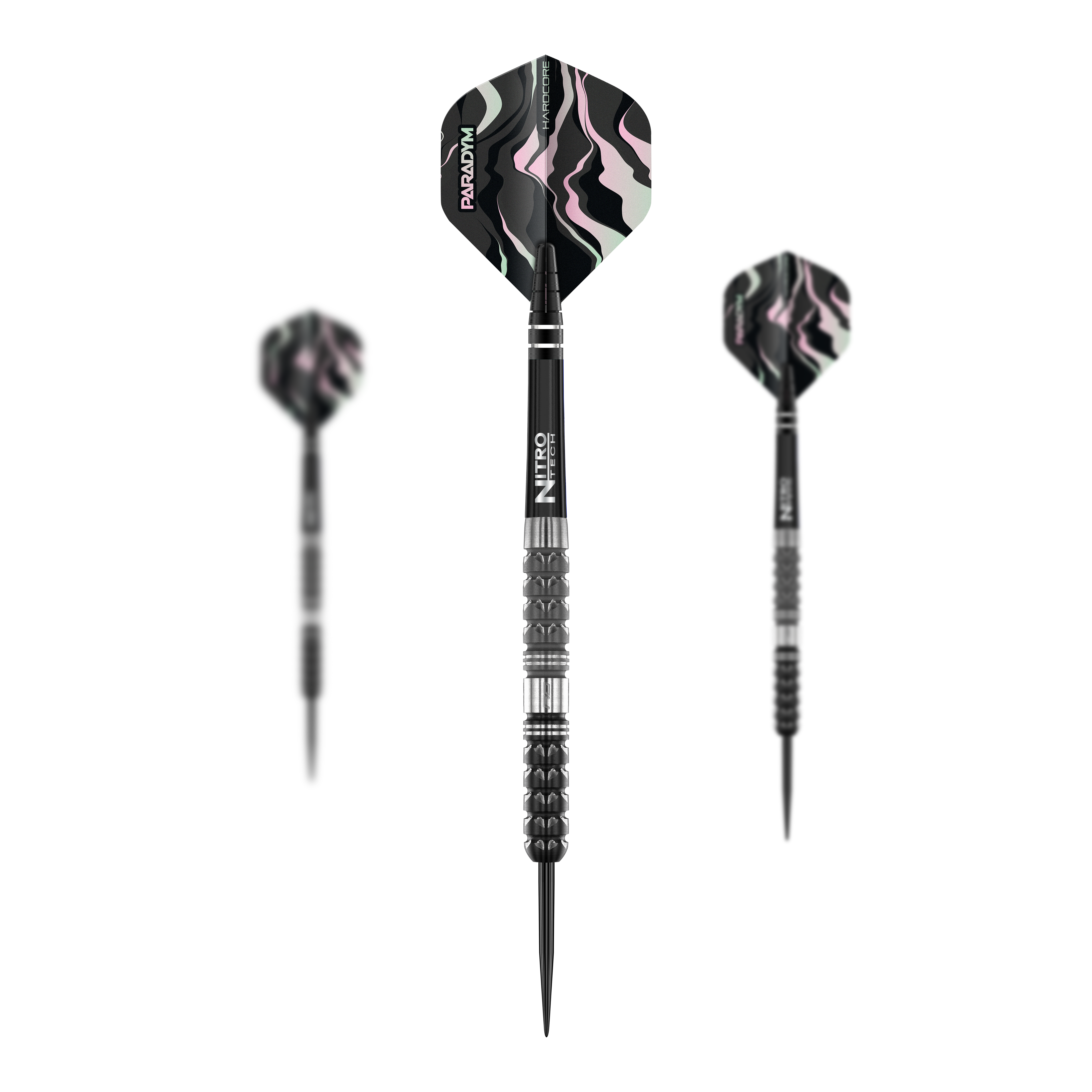 Red Dragon Paradym Tapered Steel Darts Auf dem Bild sind drei Red Dragon Paradym Tapered Steeldarts zu sehen. Die Darts haben ein schwarzes Design mit silbernen Akzenten und gemusterten Flights.