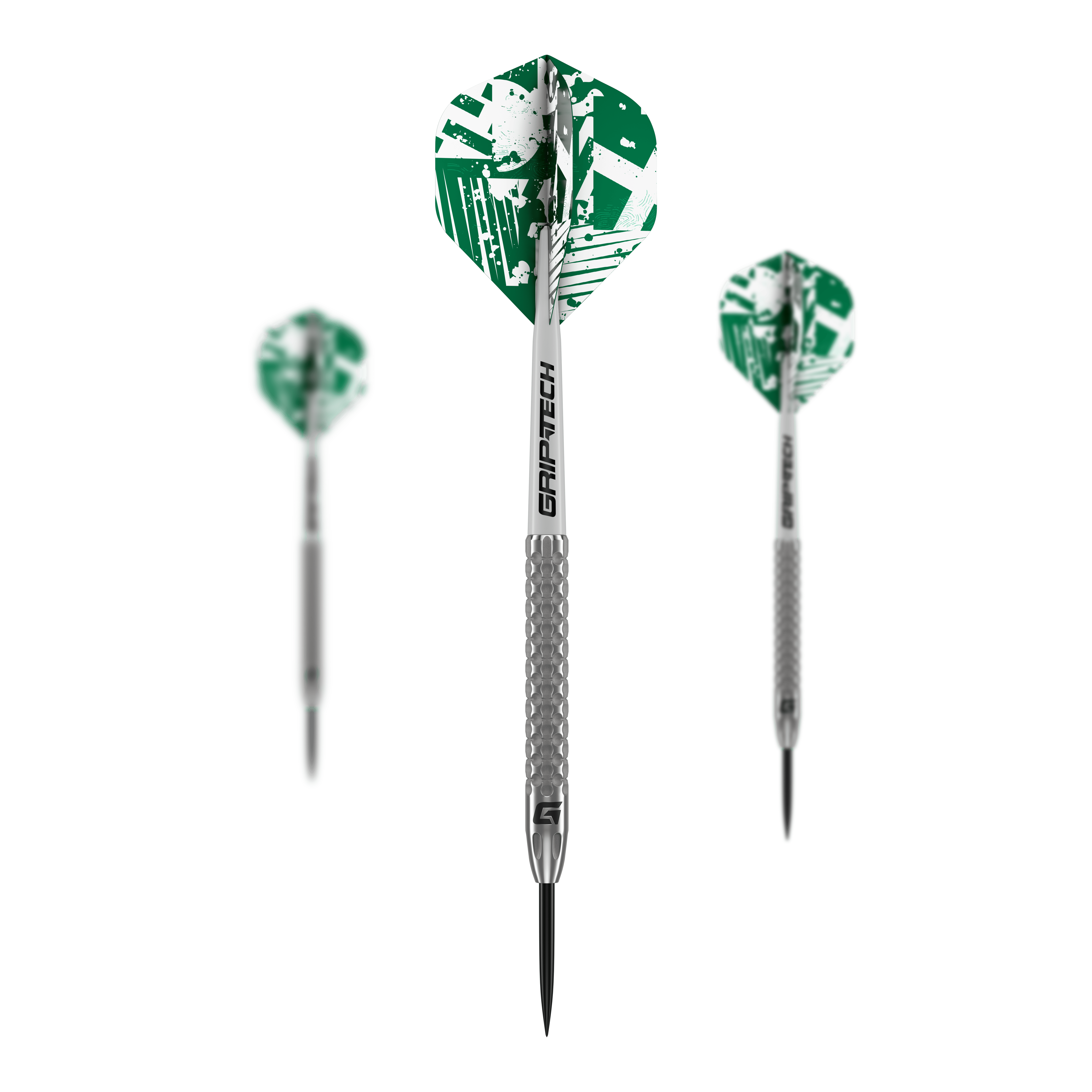 GOAT Fairway V2 Tungsten Steel Darts Das Bild zeigt drei GOAT Fairway V2 Tungsten Steeldarts mit silbernen Schäften und grünen Flights. Auf den Schäften steht "GRIPTECH" und die Darts haben eine strukturierte Griffzone.
