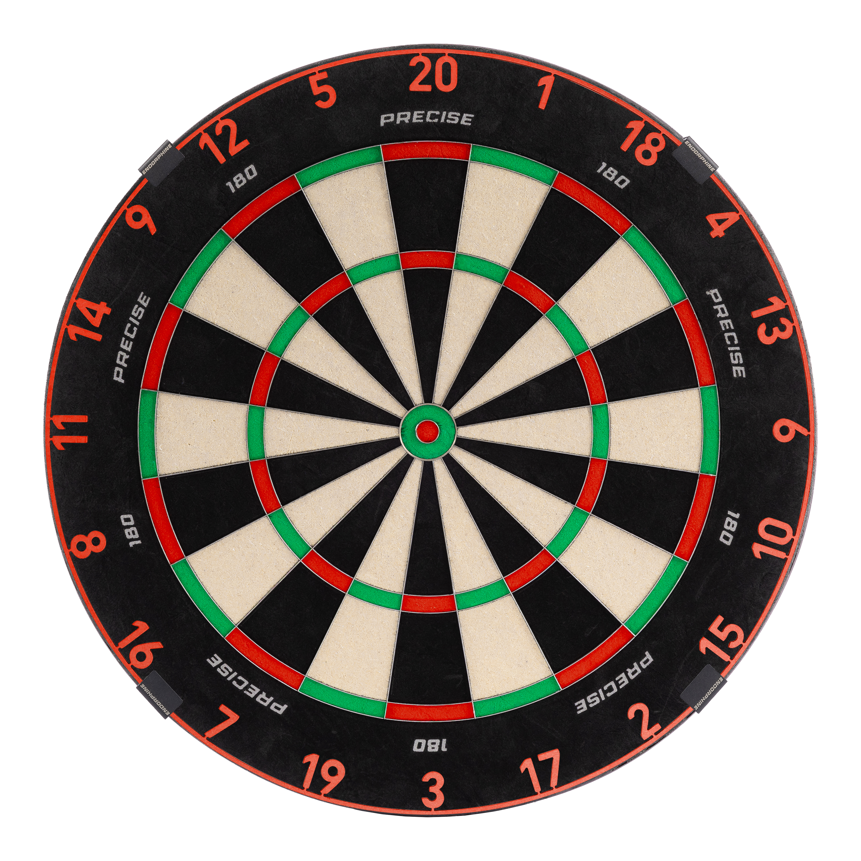 Precise 180 Endorphine stalen dartbord met nummerring - Inferno Rood Zu sehen ist das Precise 180 Endorphine Steeldartboard mit Nummernring in Inferno Red. Es bietet eine professionelle Spielfläche für Darts.