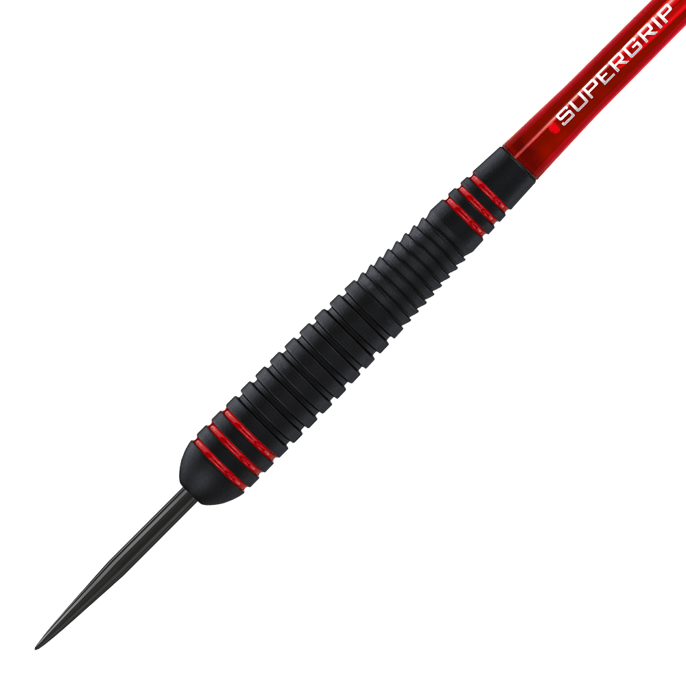 HA13746-Harrows-ACE-Rubber-Grip-Steeldarts-2 Das Bild zeigt einen Harrows ACE Rubber Grip Steeldart mit schwarzem, gerilltem Griff und roten Akzenten. Die Spitze ist aus Metall und der Schaft trägt die Aufschrift "Supergrip".