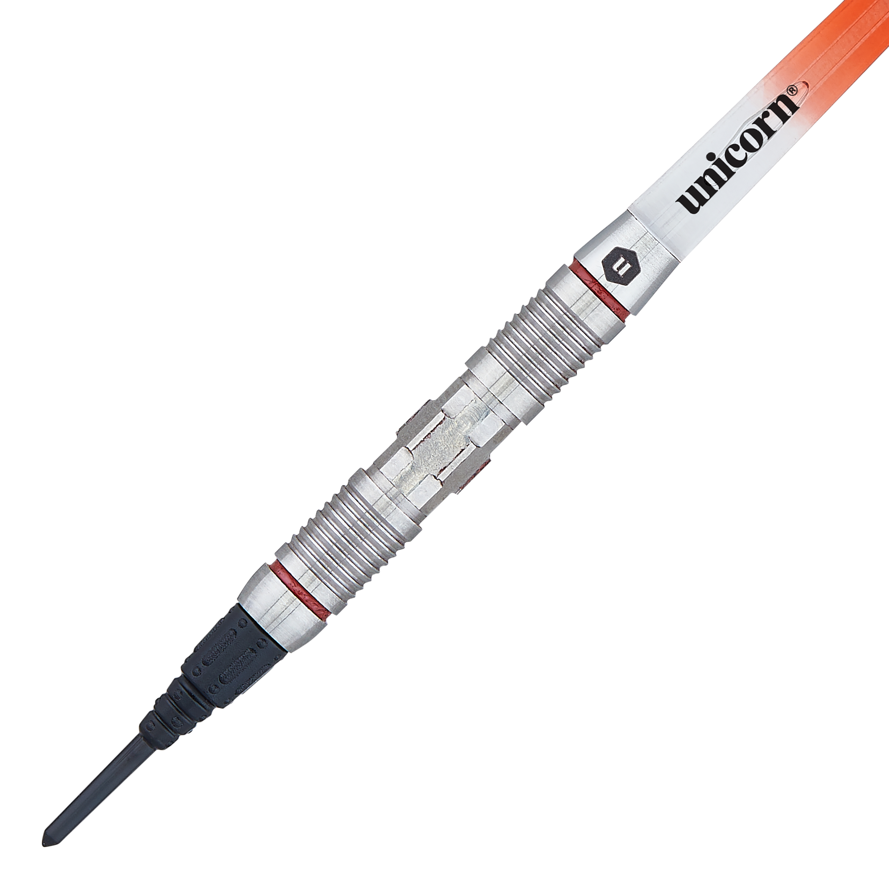 Unicorn Ballista Style 2 zachte darts Das Bild zeigt einen Softdart namens "Unicorn Ballista Style 2". Der Dart hat einen silbernen, geriffelten Schaft und eine orangefarbene Flight mit der Aufschrift "unicorn".