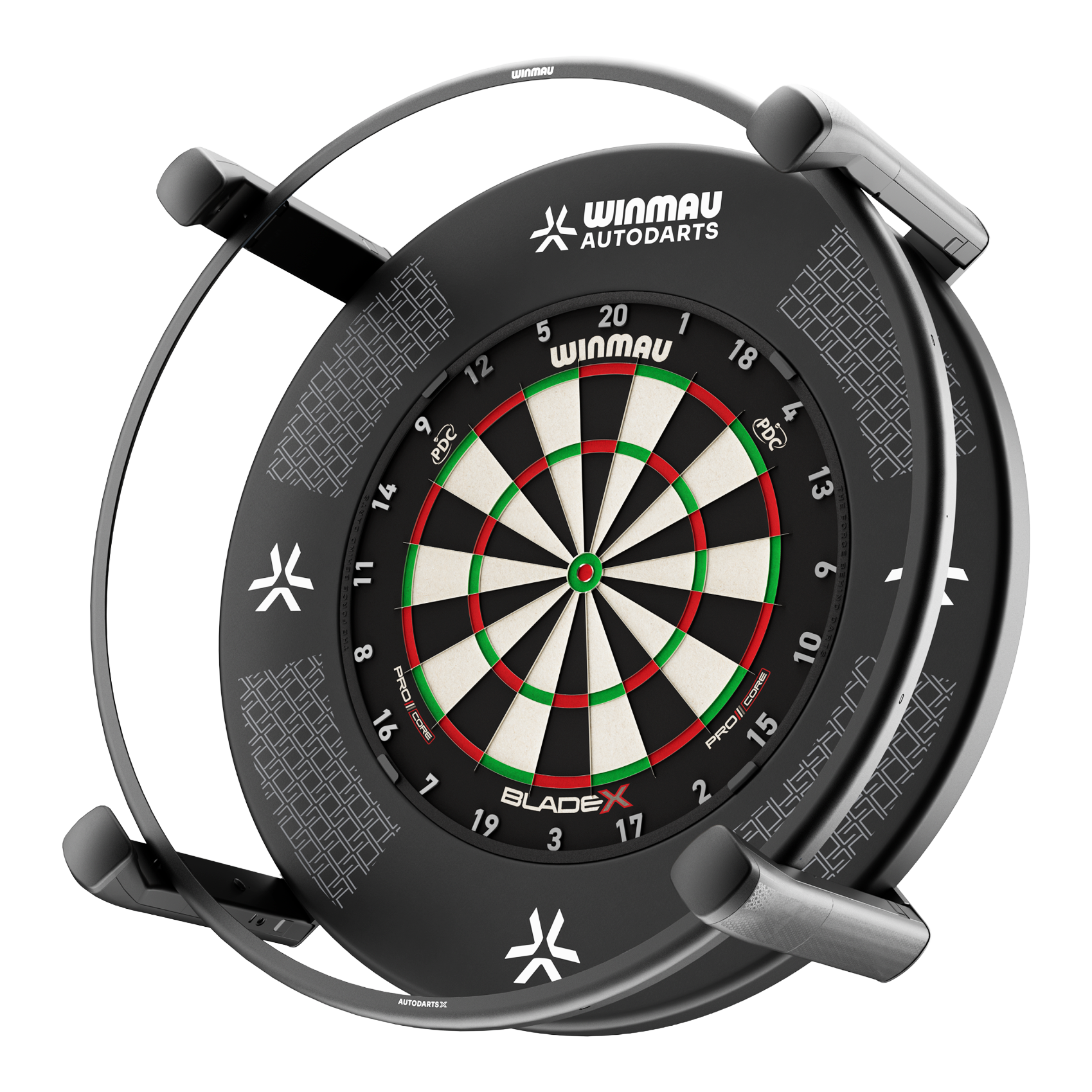 Winmau Autodarts X automatisch scoresysteem Abgebildet ist das Winmau Autodarts X Autoscoring-System. Dieses Produkt wertet Dartspiele automatisch aus.