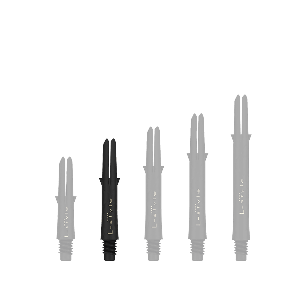 L-Style carbon schachten Auf dem Bild sind fünf schwarze L-Style Carbon Shafts für Darts in verschiedenen Längen zu sehen. Sie stehen nebeneinander, ohne Kappen, auf einem hellen Hintergrund.