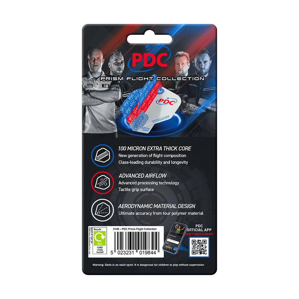 Winmau PDC Prism Flight-collectie Das Bild zeigt die Verpackung der "Winmau PDC Prism Flight Collection" für Dartflights. Auf der Verpackung sind Produktmerkmale und Bilder von Dartspielern abgebildet.