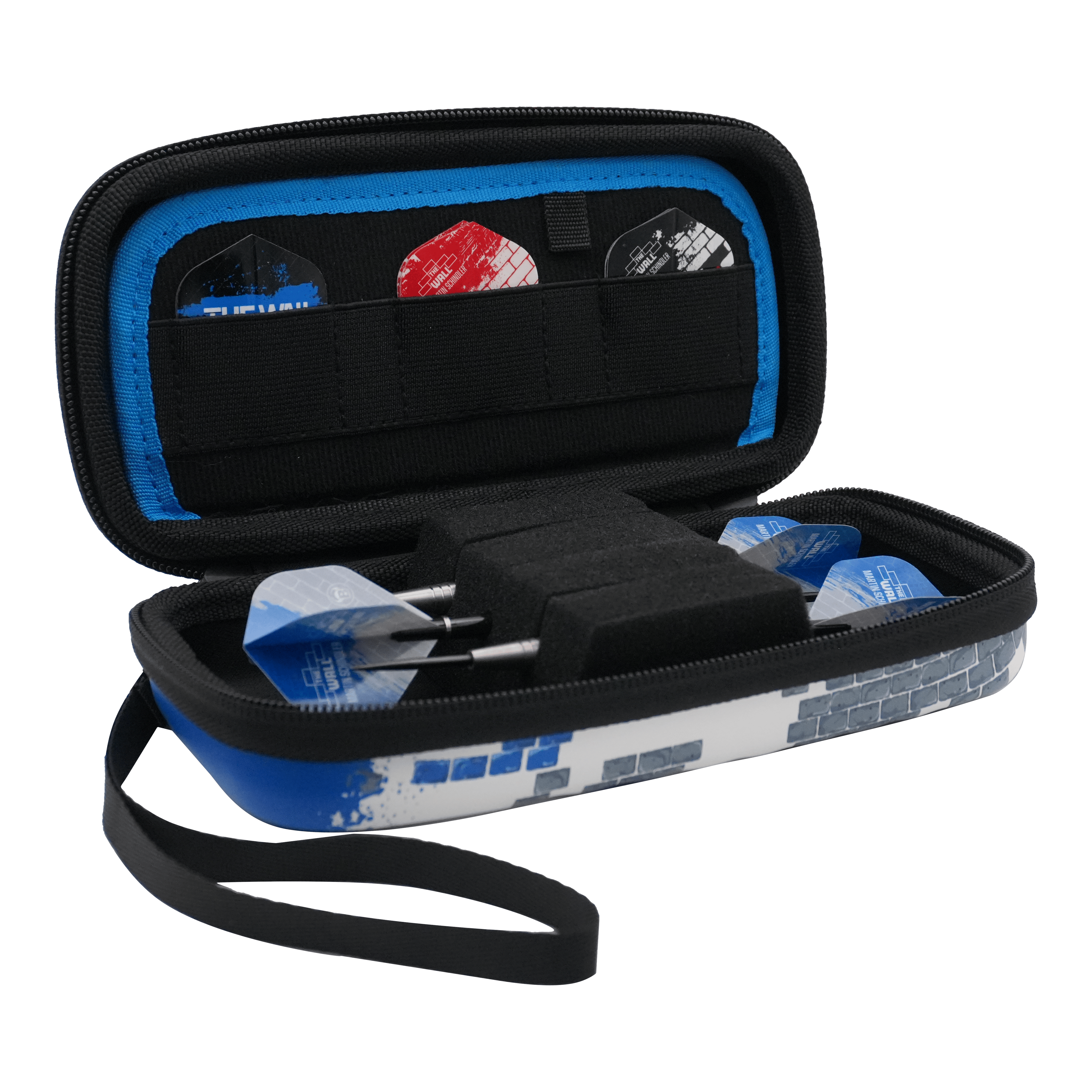 Bulls Orbis S Martin Schindler dartkoker Das Bild zeigt ein geöffnetes Dartcase mit mehreren Darts und Flights darin. Das Etui ist blau-weiß und trägt das Design des Bulls Orbis S Martin Schindler Dartcase.