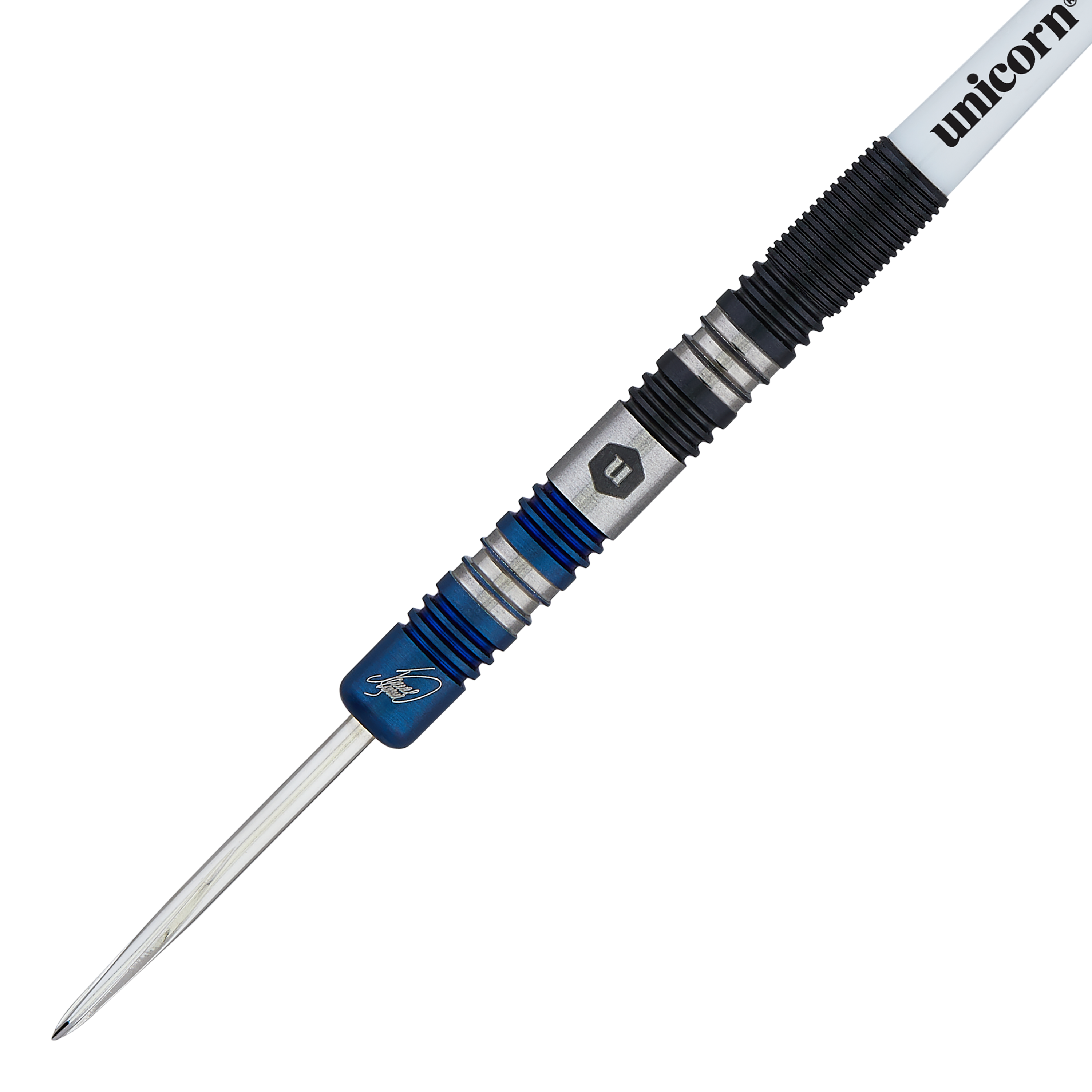 Unicorn The Machine James Wade Two-Tone Steel Darts Das Bild zeigt einen Steeldart mit zweifarbigem Griff und blauen Akzenten. Auf dem Dart steht "unicorn" und es handelt sich um das Modell "The Machine James Wade".
