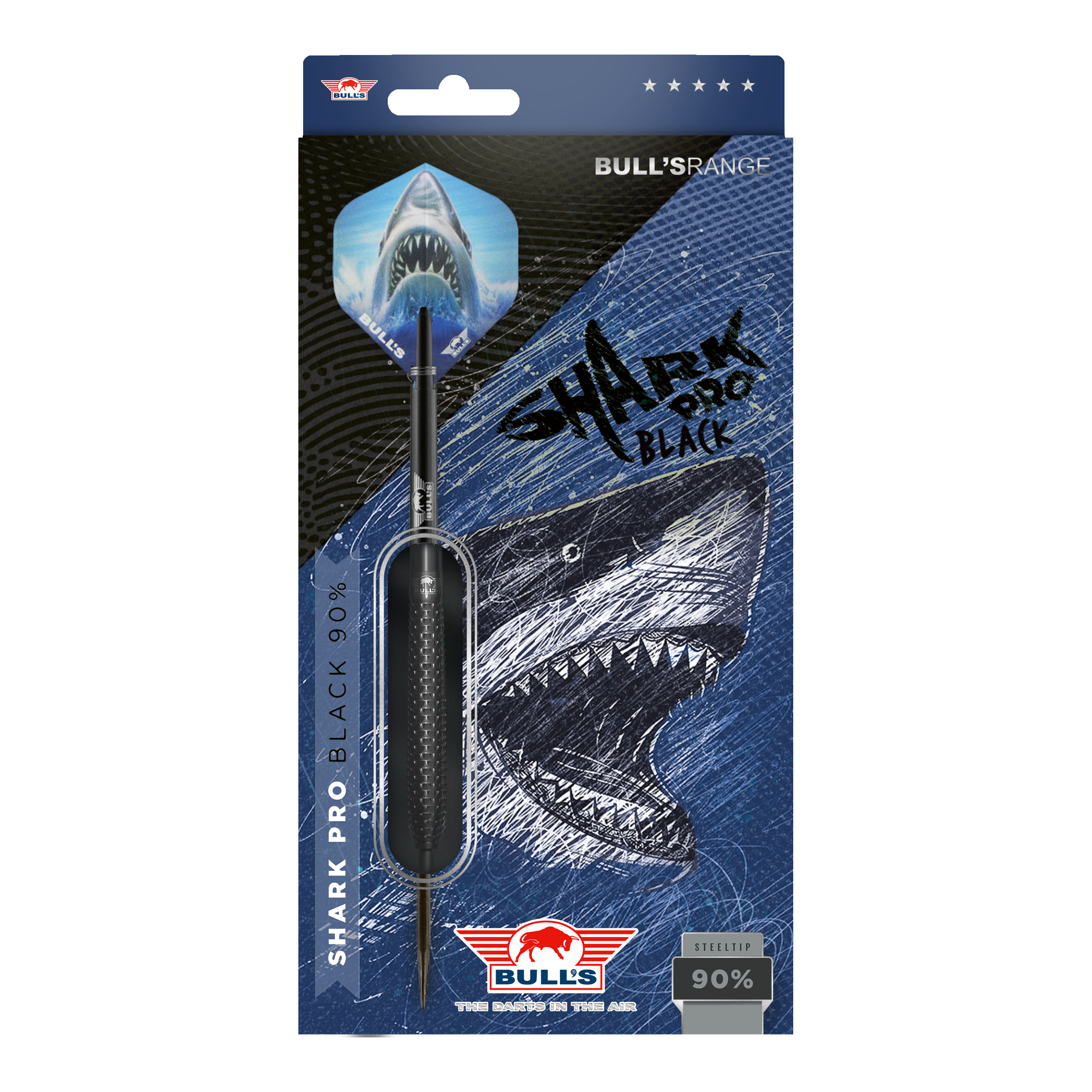 Bulls NL Shark Pro Zwarte Stalen Darts Die Abbildung zeigt die Verpackung der "Bulls NL Shark Pro Black Steeldarts". Auf der Verpackung ist ein aggressiv aussehender Hai sowie der Dartpfeil selbst zu sehen.