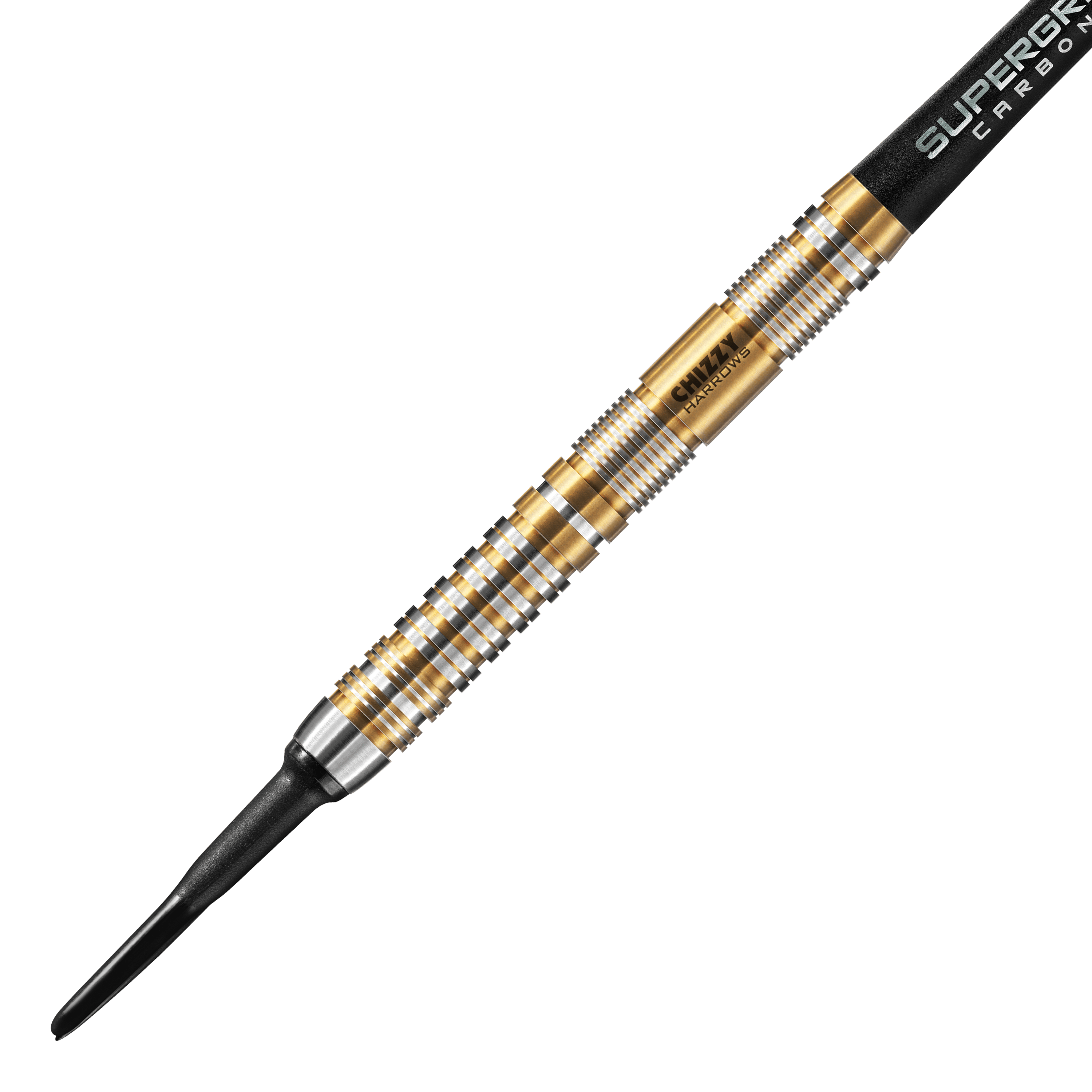 Harrow's Dave Chisnall Chizzy Series 2 zachte darts Das Bild zeigt einen Harrows Dave Chisnall Chizzy Series 2 Softdart. Der Dartpfeil hat ein auffälliges Design mit goldenen und silbernen Ringen entlang des Barrels.