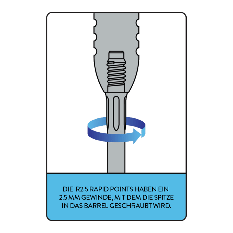 Mission R2.5 Snelpuntgereedschap Das Bild zeigt das Mission R2.5 Rapid Point Tool. Dieses Tool dient zur Wartung von Dartspitzen.