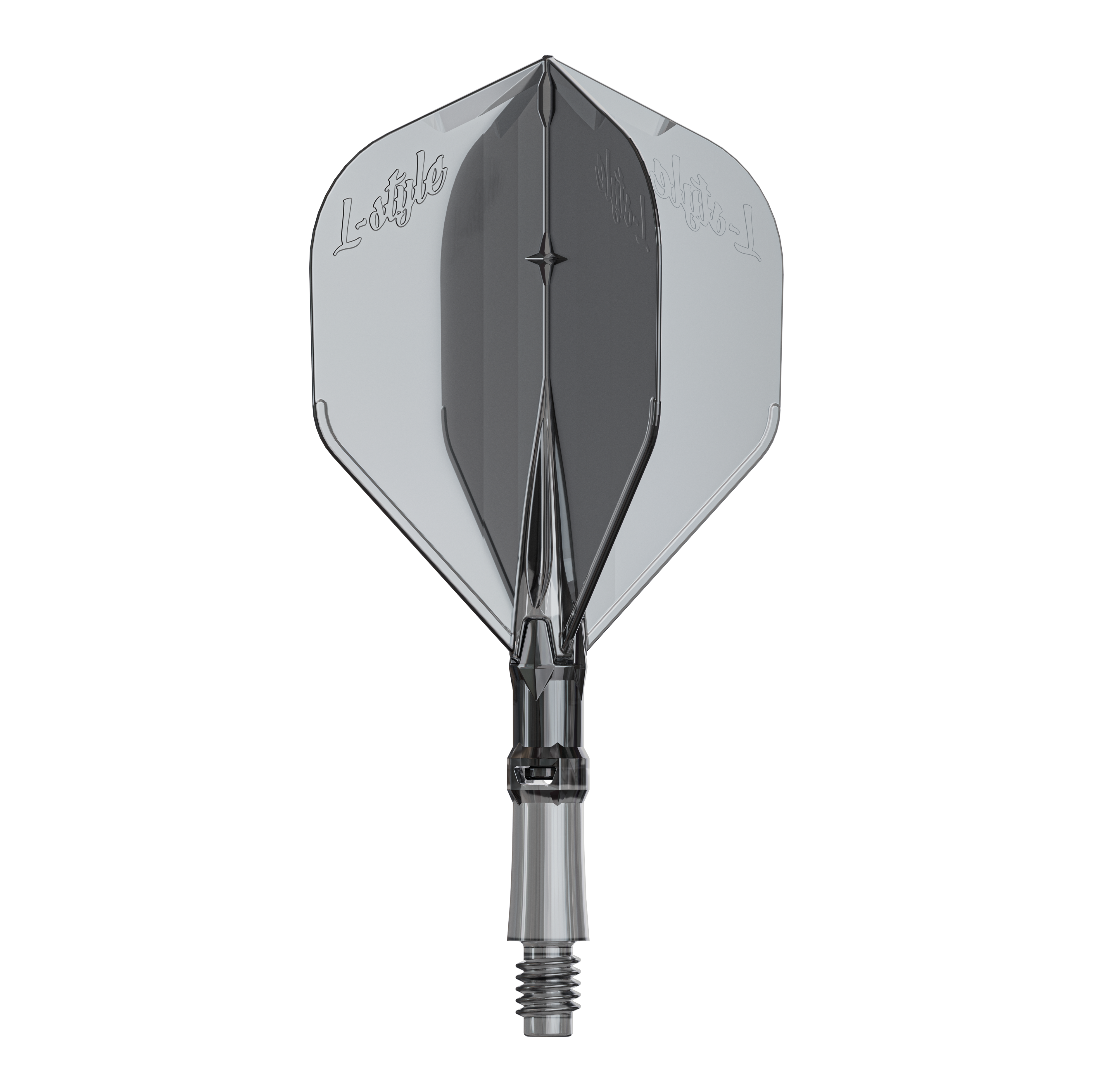 L-vormige L-systeem flights - transparant zwart Ein Ersatz-Flights-Set für Dartpfeile ist abgebildet. Das Produkt heißt LS1062 LStyle L-System Flights ClearBlack Small.