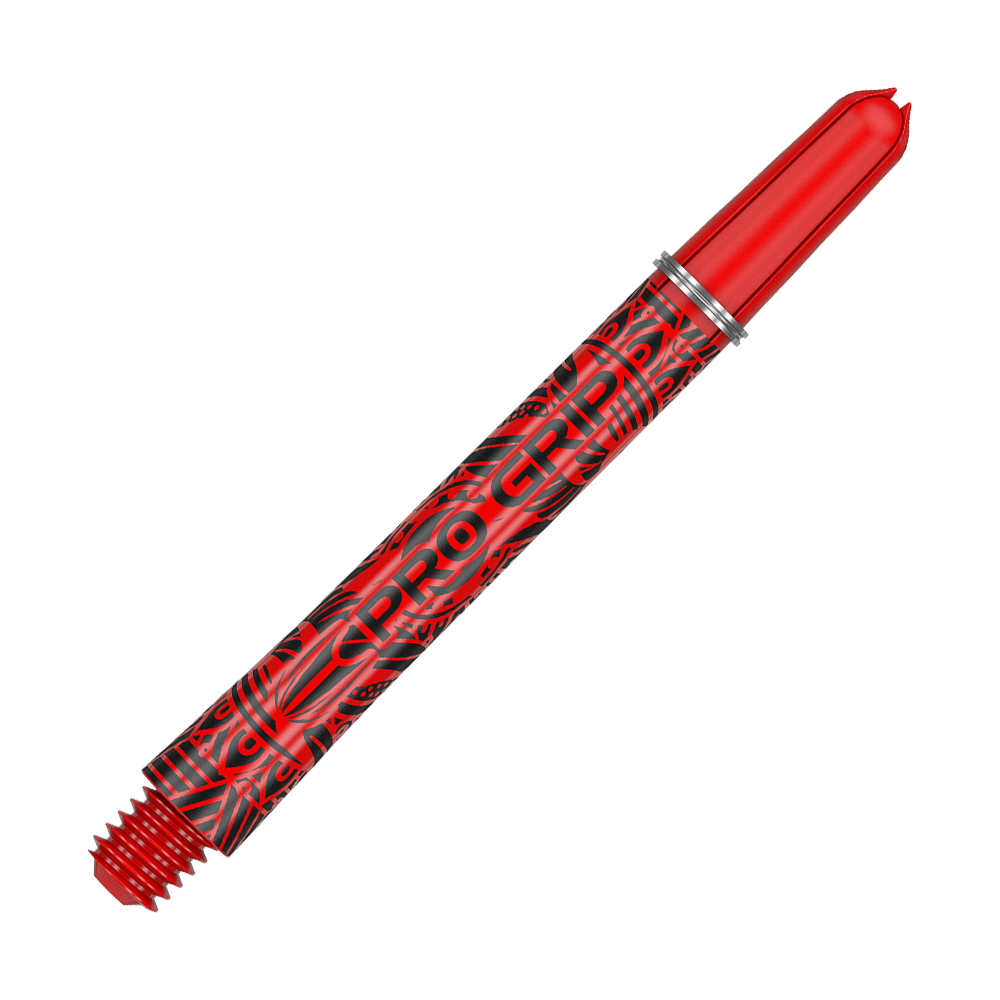 Das Bild zeigt einen rot-schwarzen Dartshaft mit der Aufschrift "PRO GRIP". Der Schaft hat ein auffälliges Muster und ist mit einem silbernen Ring versehen.