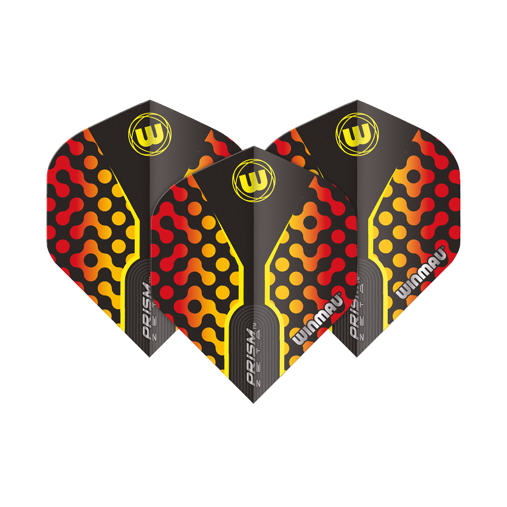 Das Bild zeigt drei Winmau Prism Zeta RedOrange Standard Flights. Die Flights sind schwarz mit roten und orangefarbenen Mustern sowie gelben Akzenten gestaltet.