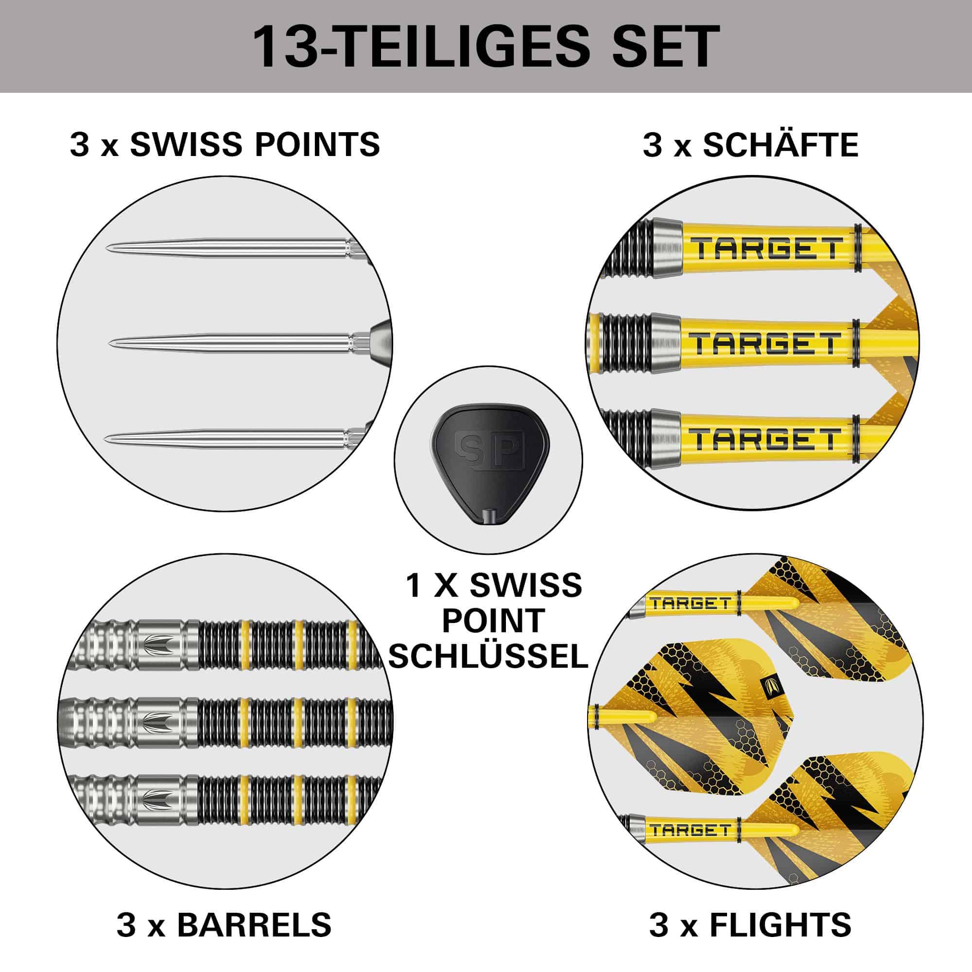 Target Buzz 02 Swiss Points stalen dartpijlen Das Bild zeigt die Target Buzz 02 Swiss Points Steeldarts. Die Steeldarts werden aus einer anderen Perspektive vorgestellt.