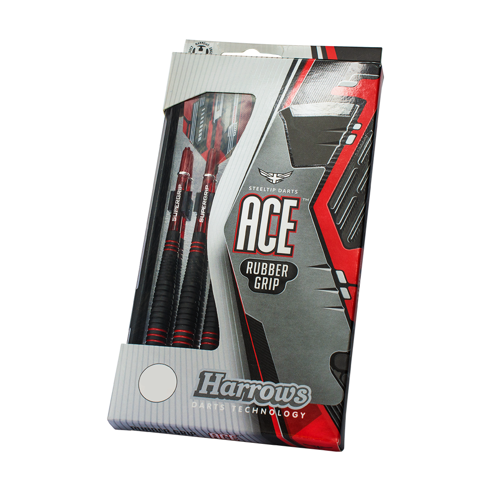 HA13746-Harrows-ACE-Rubber-Grip-Steeldarts-3-4-Plastikbox Das Bild zeigt eine Verpackung mit Harrows ACE Rubber Grip Steeldarts. Die Darts haben einen speziellen Gummigriff für besseren Halt.