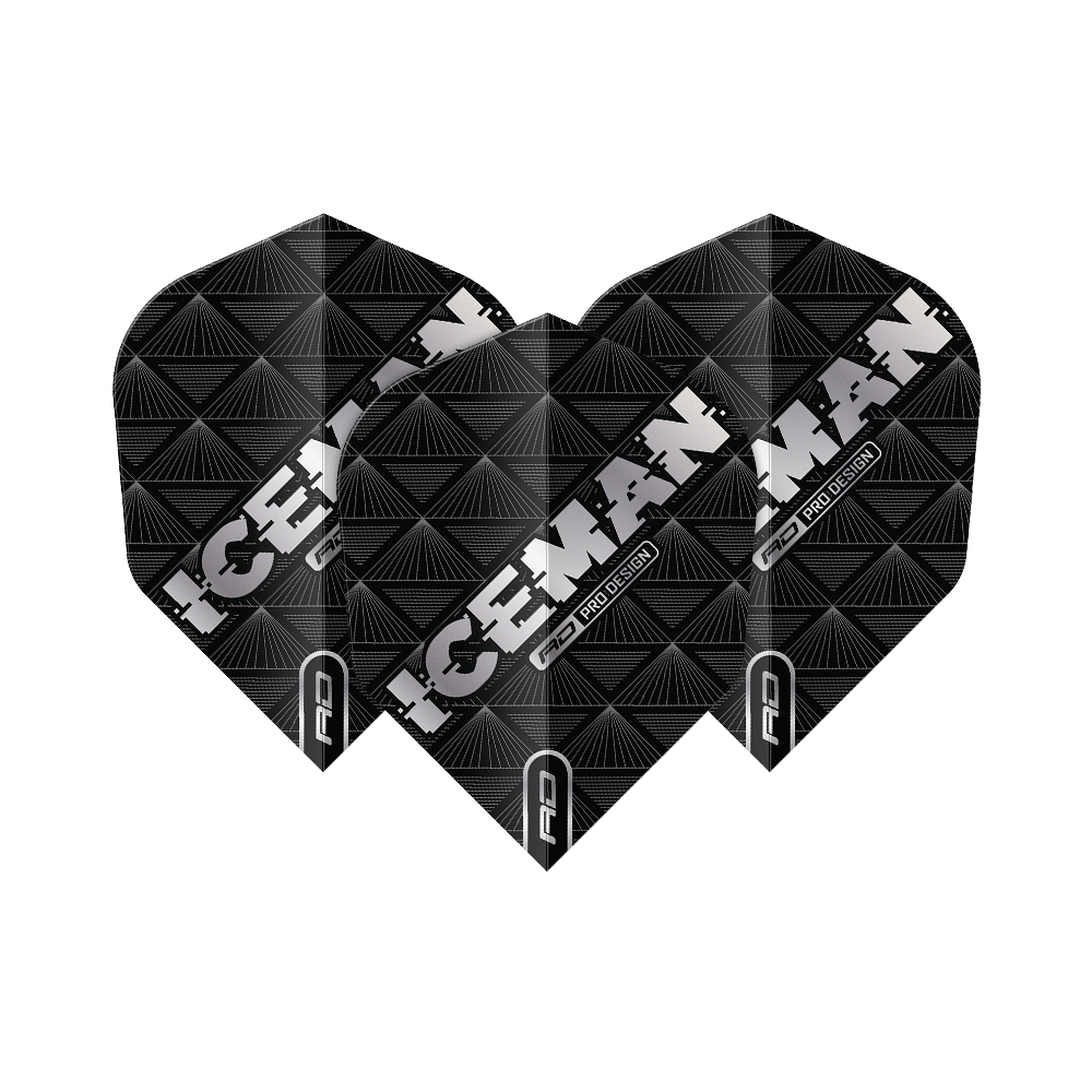 Red Dragon Gerwyn Price Iceman Black No6 Flights Das Bild zeigt drei schwarze Dartflights mit dem Aufdruck "ICEMAN" in weißer Schrift. Die Flights haben ein geometrisches Muster und sind von der Marke Red Dragon, Modell Gerwyn Price Iceman Black No6.