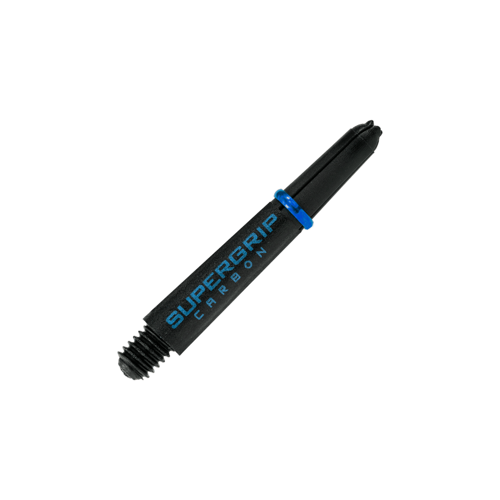 Das Bild zeigt einen Harrows Supergrip Carbon Shaft in der Farbe Aqua. Der Schaft ist überwiegend schwarz mit blauen Akzenten und der Aufschrift "SUPERGRIP CARBON".
