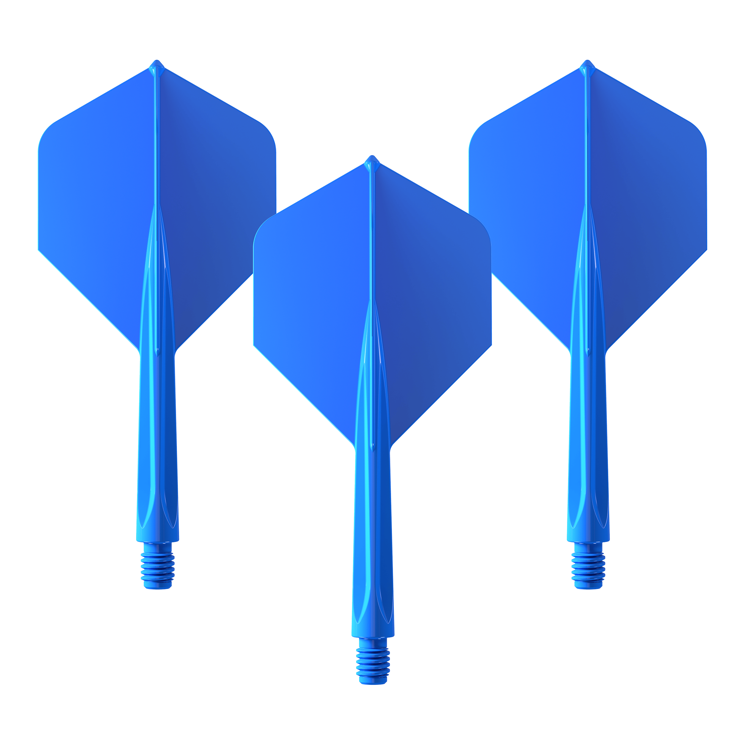 Unicorn Forge All In One Plus No2 Standaard Vluchten Blauw - Medium Das Bild zeigt drei blaue Dart-Flights des Produkts "Unicorn Forge All In One Plus No2 Standard Flights Blau - Medium". Sie sind mittelgroß und haben eine standardisierte Form.