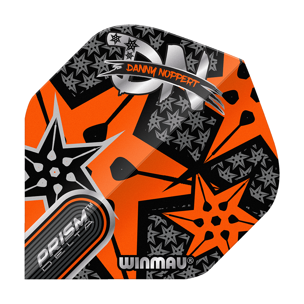 Winmau Prism Delta Danny Noppert Orange Signature No2 Standaardvluchten Das Bild zeigt ein buntes Dart-Flight mit orangefarbenem und schwarzem Sternmuster. Auf dem Flight stehen die Namen "Danny Noppert" und "Winmau Prism Delta".