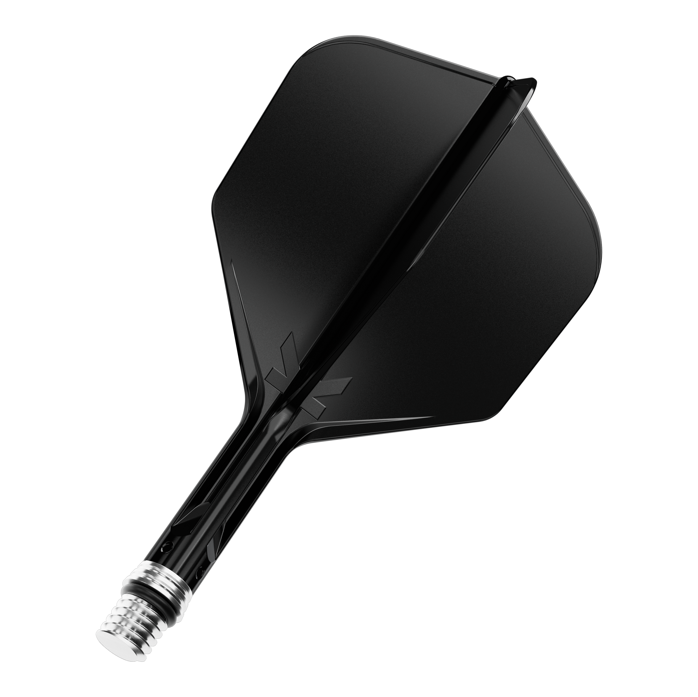 Gezeigt ist ein einzelner Dart Flight in Schwarz, Modell KShift No6, 19mm. Es ist ein Zubehörteil von Target.