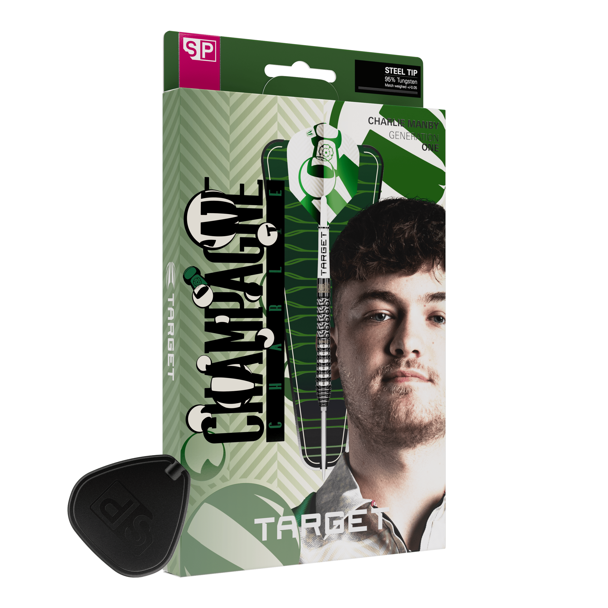 Target Charlie Manby Swiss Points stalen dartpijlen Dies ist ein Foto von Target Charlie Manby Swiss Points Steeldarts. Es wird ein weiterer Dart aus dem Set gezeigt.