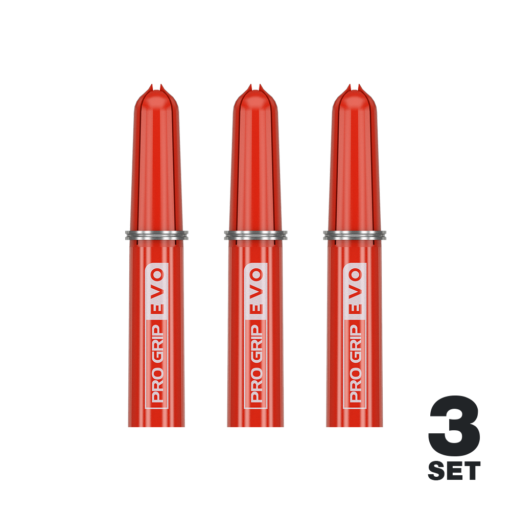 Target Pro Grip EVO vervangende tops (pak van 9) Das Bild zeigt drei rote Target Pro Grip EVO Ersatztops für Dartpfeile. Unten rechts steht "3 Set", was auf drei Sets in der Packung hinweist.