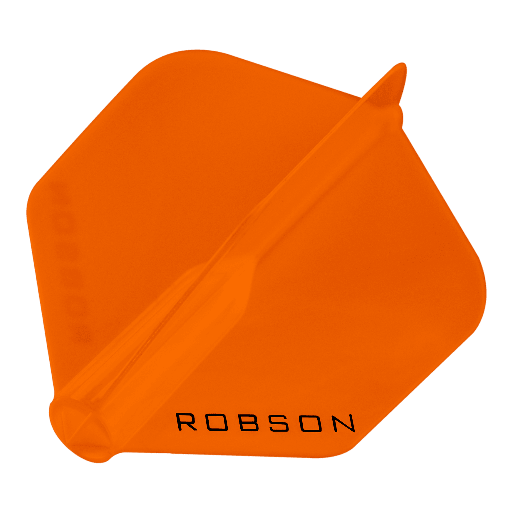 Robson Plus Standard Flights Das Bild zeigt ein orangefarbenes Dart-Flügel mit der Aufschrift "ROBSON". Er hat eine sechseckige Form und ist transparent.