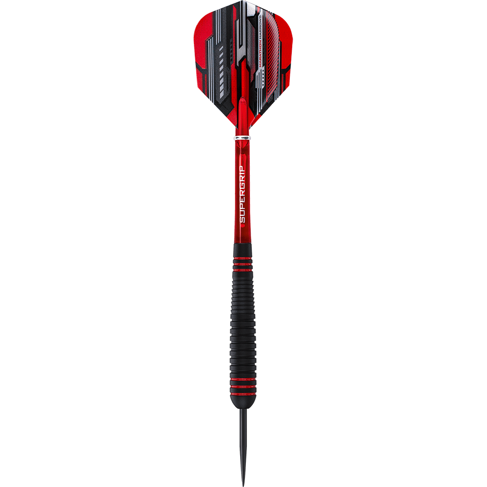 HA13746-Harrows-ACE-Rubber-Grip-Steeldarts-1zIA2wqelIZGIE Das Bild zeigt einen Harrows ACE Rubber Grip Steeldart. Der Dart hat ein rotes und schwarzes Design mit einem gummierten Griff für besseren Halt.