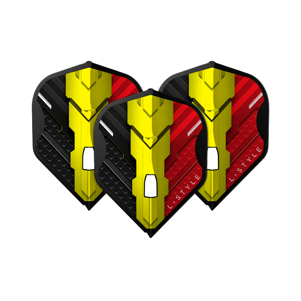 L-Style V-Serie V1 Type C België Zwart L1PRO Vluchten Das Bild zeigt drei Dart Flights des Modells "L-Style V-Series V1 Type C Belgium Black L1PRO". Die Flights sind in den Farben Schwarz, Gelb und Rot gestaltet und tragen das Logo "L-STYLE".