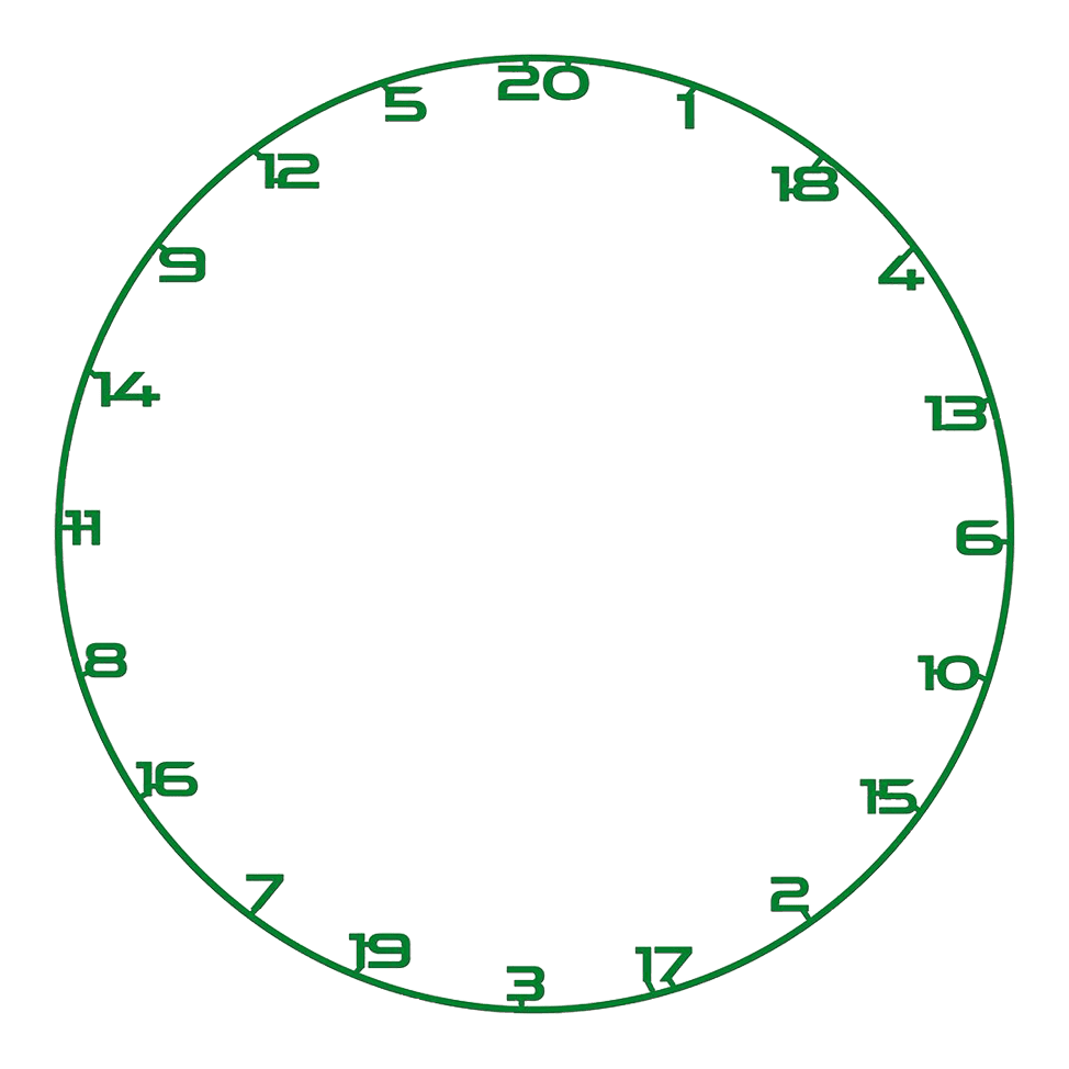 Bullet Dartboard Nummerring Dieses Bild zeigt ein Dartboard-Zahlenring in Grün. Es ist ideal für Dartboards und wird oft zum Zählen verwendet.