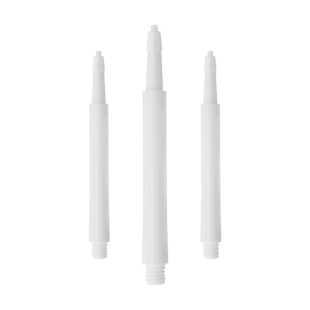 HRC12633W_Harrows_Clic_Standard_Shafts_Weiss_23mm_1 Das Bild zeigt drei weiße Harrows Clic Standard Shafts. Sie sind gerade angeordnet und haben ein einfaches, sauberes Design.