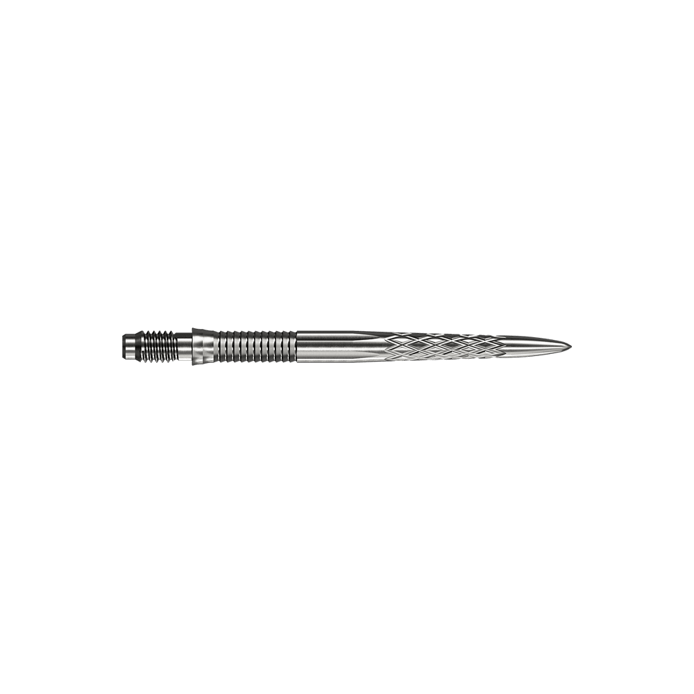 Mission R2.5 Rapid Point DSX dartpunten - zilver Abgebildet sind silberne Dartspitzen Mission R25 Rapid Point DSX mit einer Länge von 30mm. Die Spitzen werden aus zwei verschiedenen Blickwinkeln präsentiert.