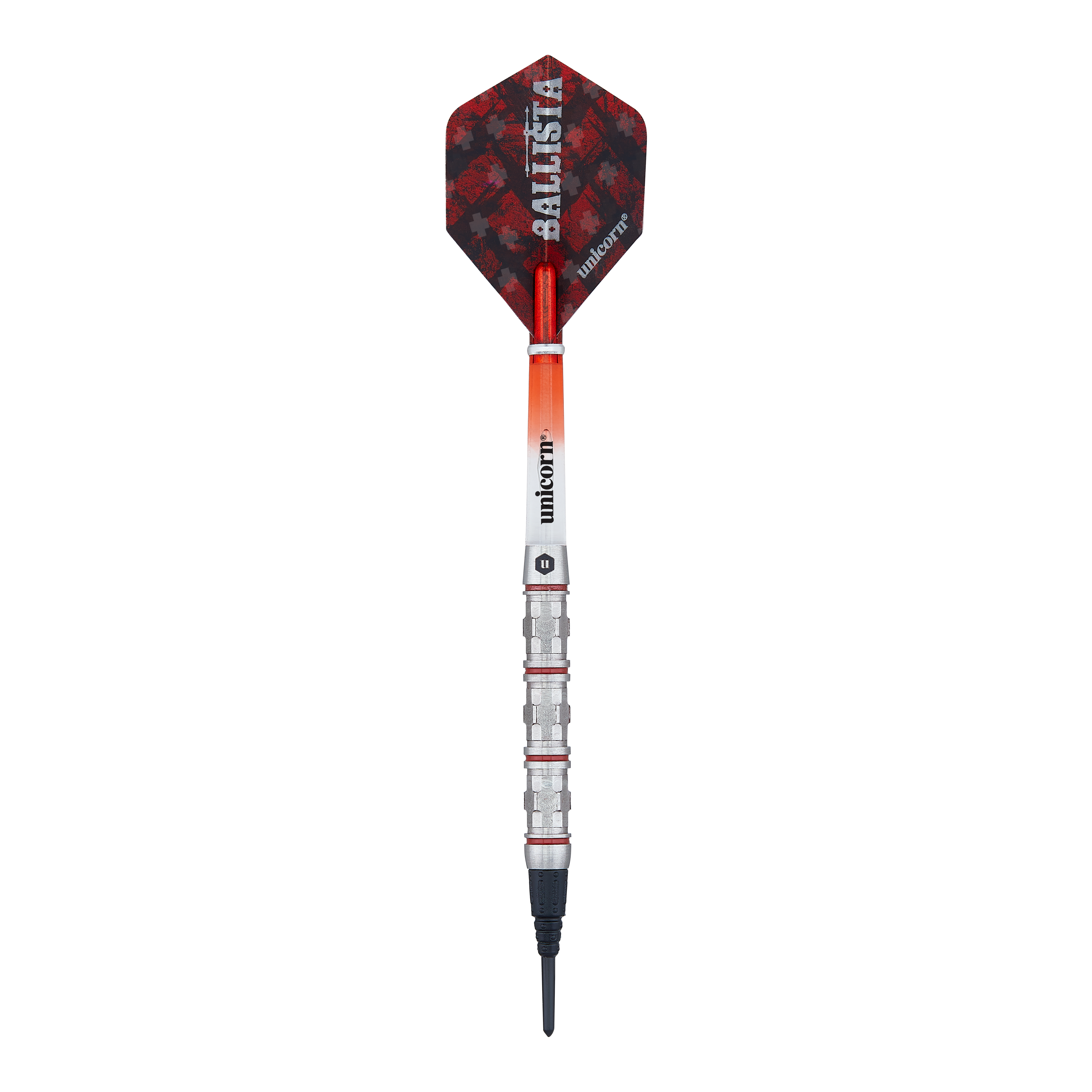 Unicorn Ballista Style 4 zachte darts Das Bild zeigt einen Softdart der Marke Unicorn, Modell Ballista Style 4. Der Dart hat rote und schwarze Flights sowie einen silbernen, gerillten Barrel.