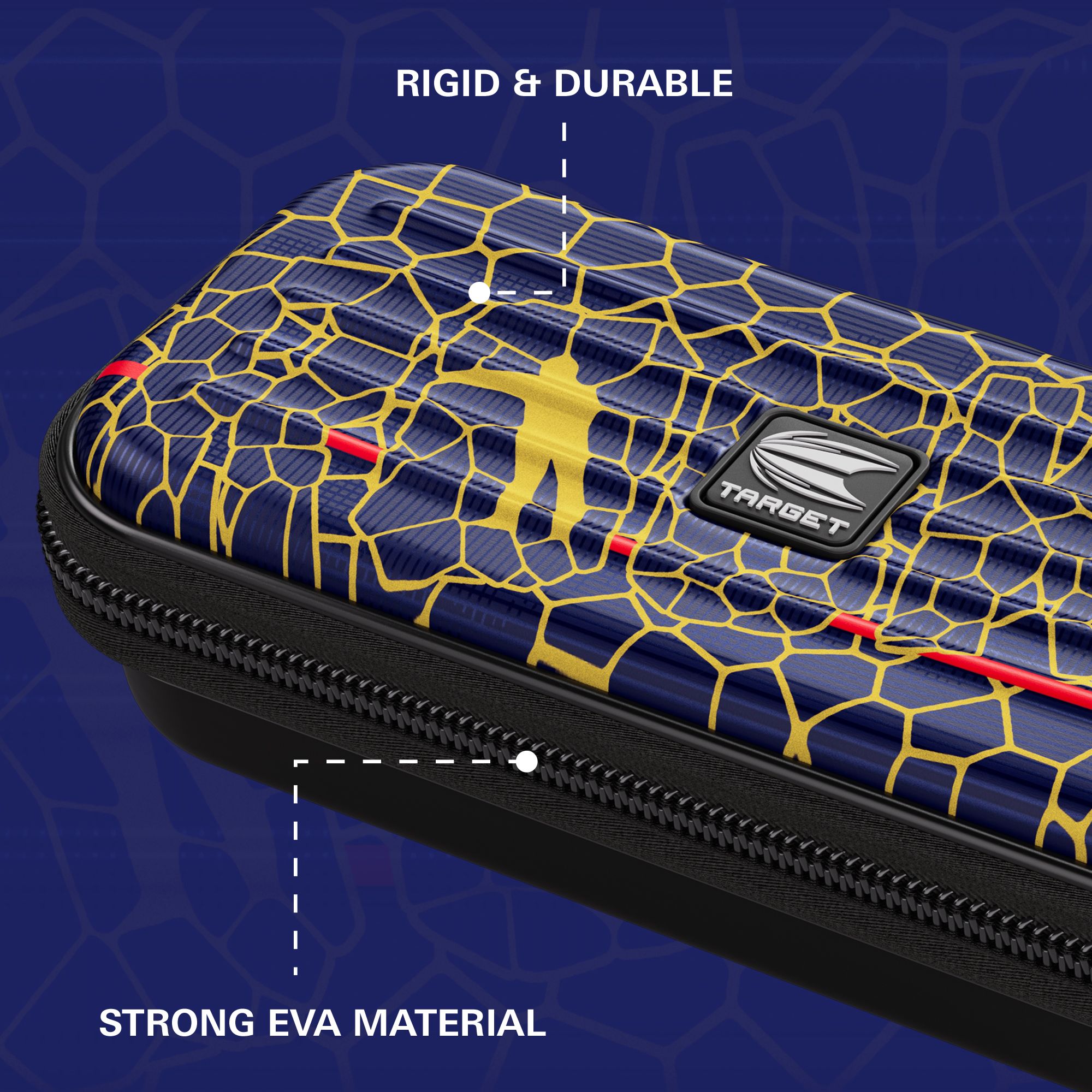 Target Takoma Josh Rock dartkoffer Das Bild zeigt das „Target Takoma Josh Rock Dartcase“ mit einem auffälligen blauen und gelben Design. Es wird hervorgehoben, dass das Etui aus starkem EVA-Material gefertigt und besonders robust und langlebig ist.