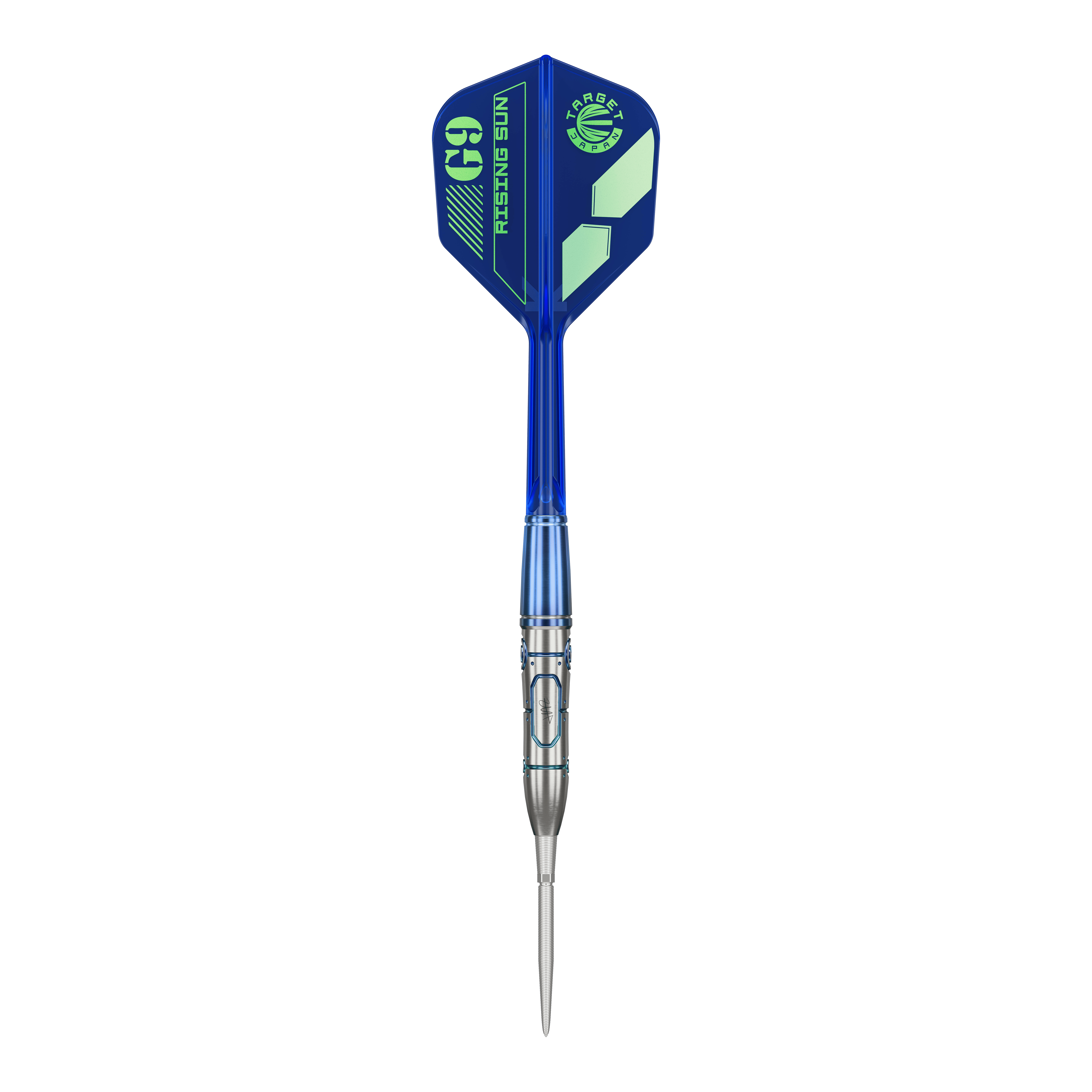 Target Japan Haruki Muramatsu GEN9 No Groove Swiss Point Steeldarts - 23g Auf dem Bild ist ein Steeldart der Marke Target Japan Haruki Muramatsu GEN9 No Groove Swiss Point zu sehen. Der Dart wiegt 23 Gramm und hat ein auffälliges blaues Design mit der Aufschrift "G9 RISING SUN".