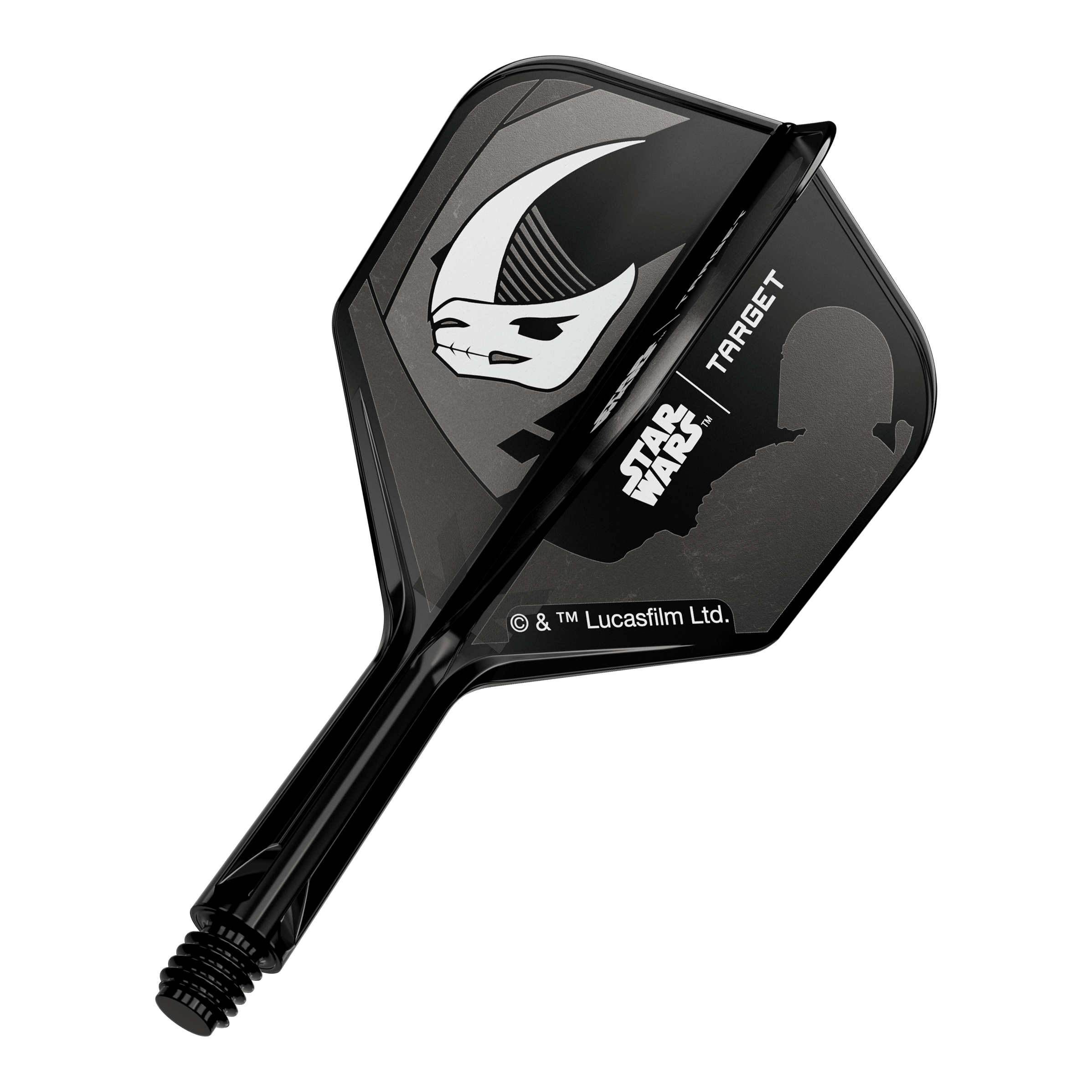 Target Star Wars K-Flex Set Mandalorian nr. 6 Flights Abgebildet ist ein Motiv mit Mandalorianer-Rüstung, inspiriert von Star Wars. Das Design ist auf einem No6 Flights 19 mm Dart-Flügel zu sehen.