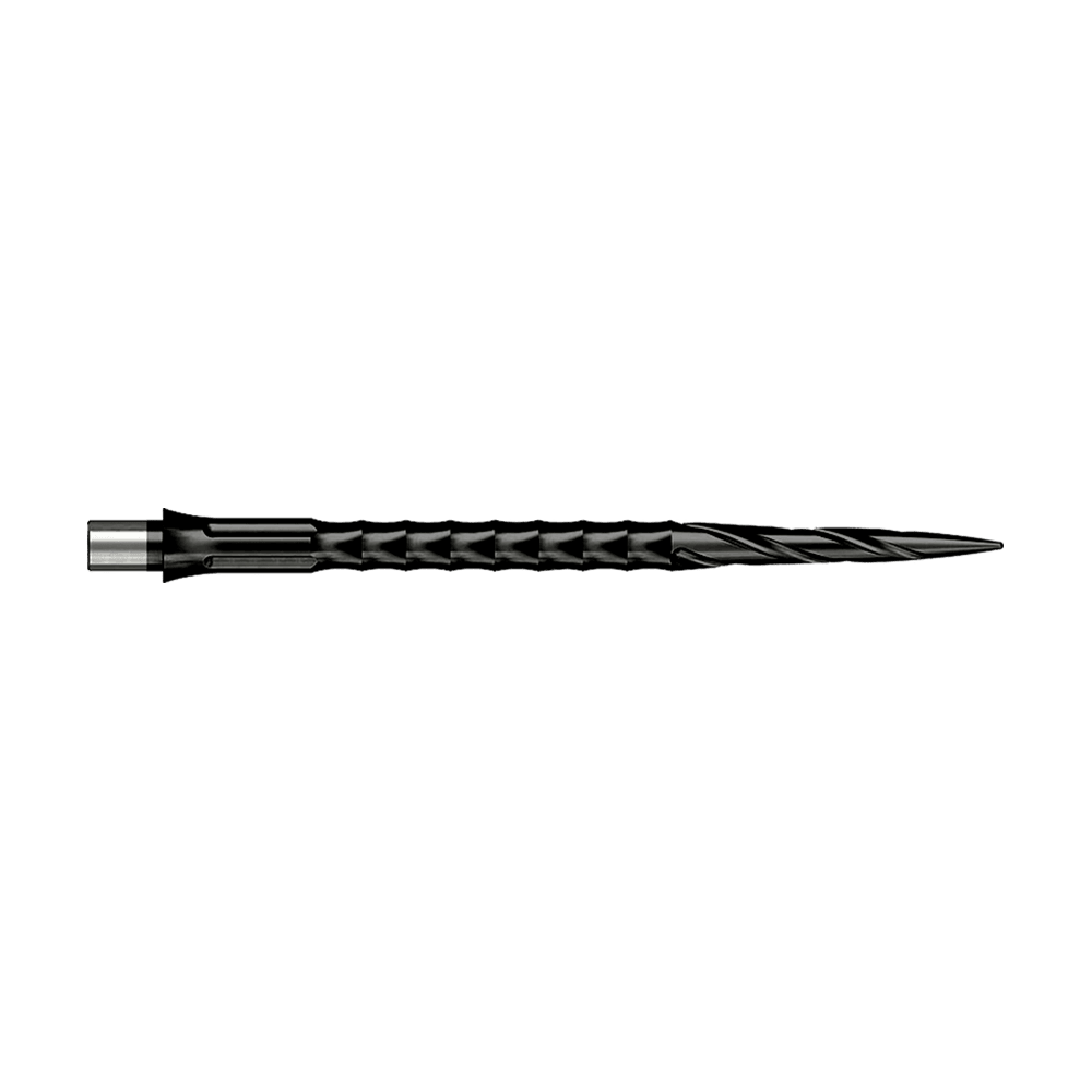 Abgebildet ist ein Produkt mit dem Dateinamen EVO033_Caliburn_Evo_System_Steeldartspitzen_Spiro_NoLip_Black_40mm_2. Es handelt sich vermutlich um Steeldartspitzen in schwarzer Ausführung.
