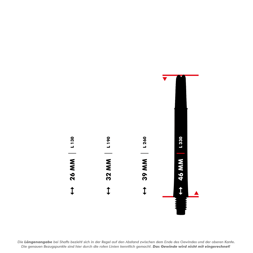 L-stijl L-assen vergrendeld recht - melkwit Das Bild zeigt verschiedene Längen von Dartshafts, die in Millimetern angegeben sind. Die größte dargestellte Länge ist 46 mm, gemessen ohne das Gewinde.