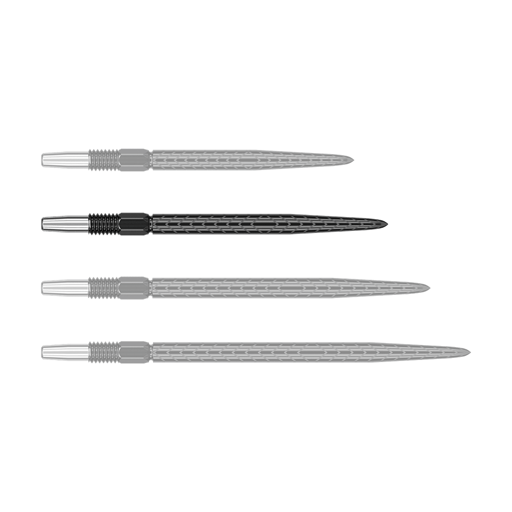 Target Swiss Point RVE dartpunten - Zwart Das Bild zeigt vier schwarze Dartspitzen mit silbernem Gewinde. Sie liegen parallel nebeneinander auf einem grünen Hintergrund.